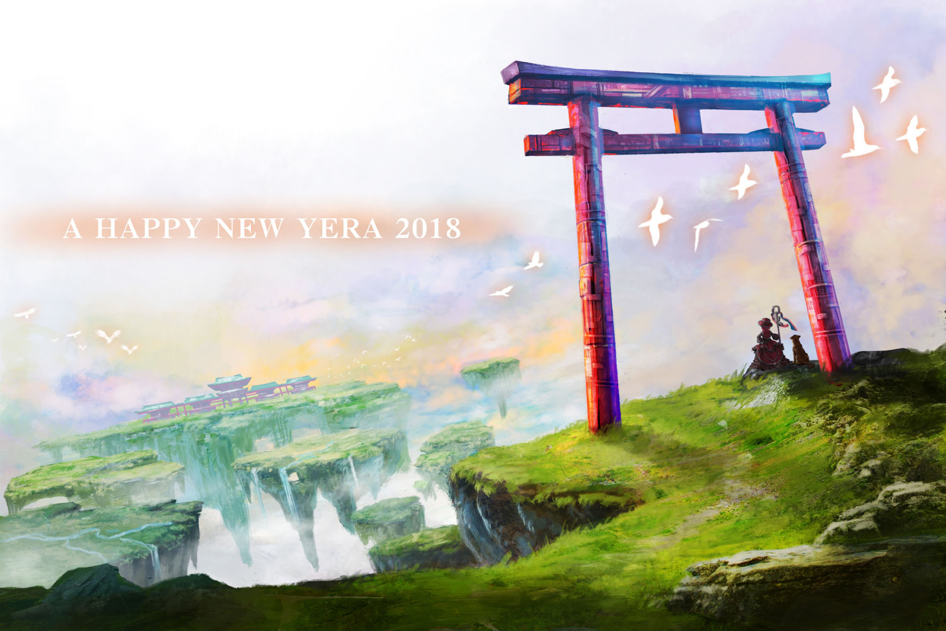Baixar papel de parede para celular de Anime, Original, Ilha Flutuante, Ano Novo 2018 gratuito.