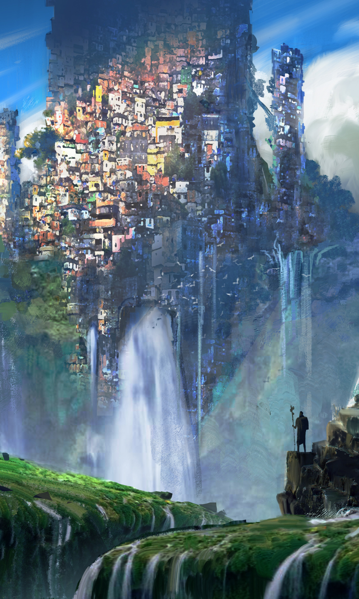Download mobile wallpaper Fantasy, City, Waterfall for free.