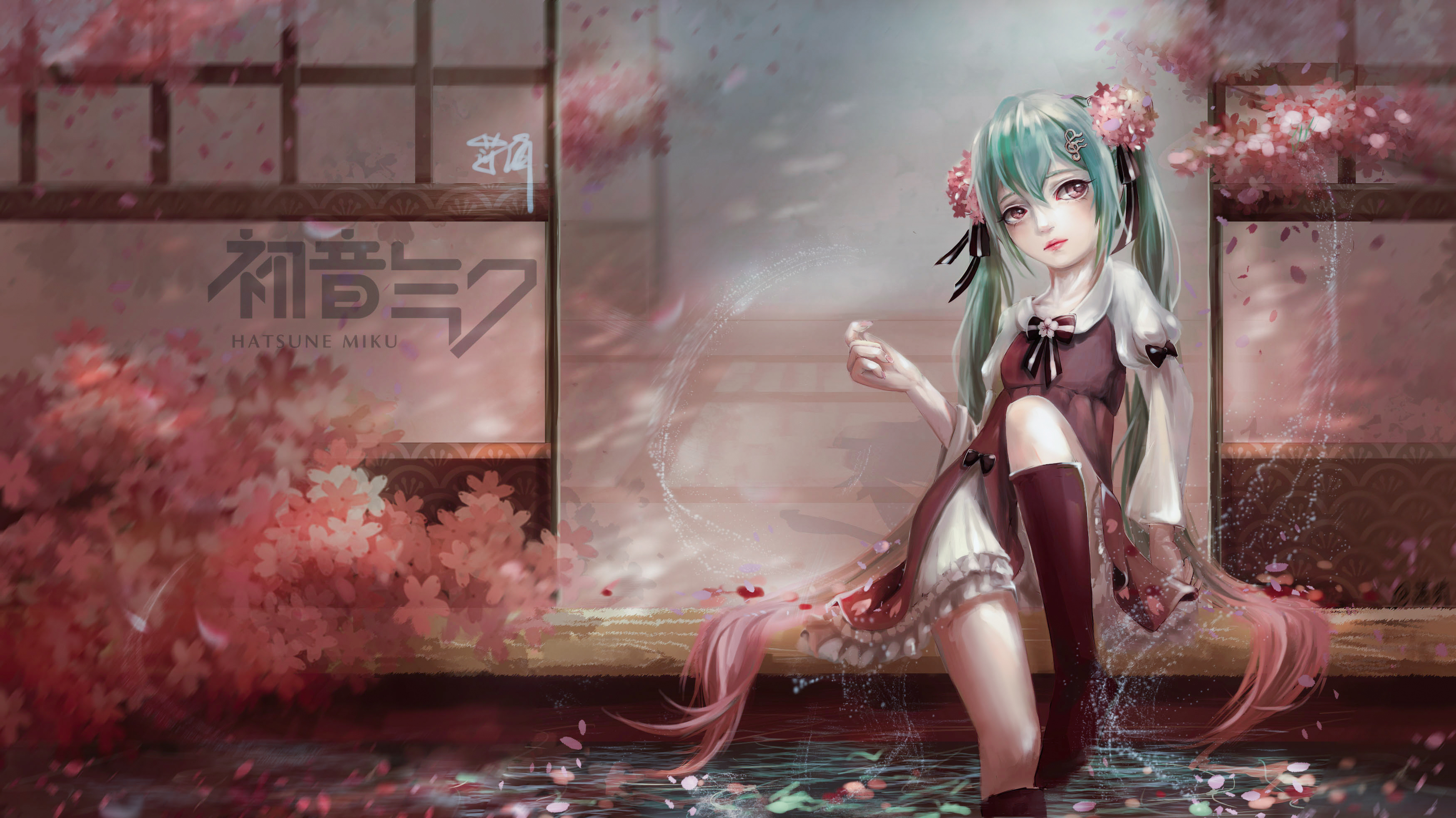 Free download wallpaper Anime, Flower, Vocaloid, Petal, Cherry Blossom, Blossom, Blue Hair, Hatsune Miku, Long Hair, Twintails, Pink Eyes on your PC desktop