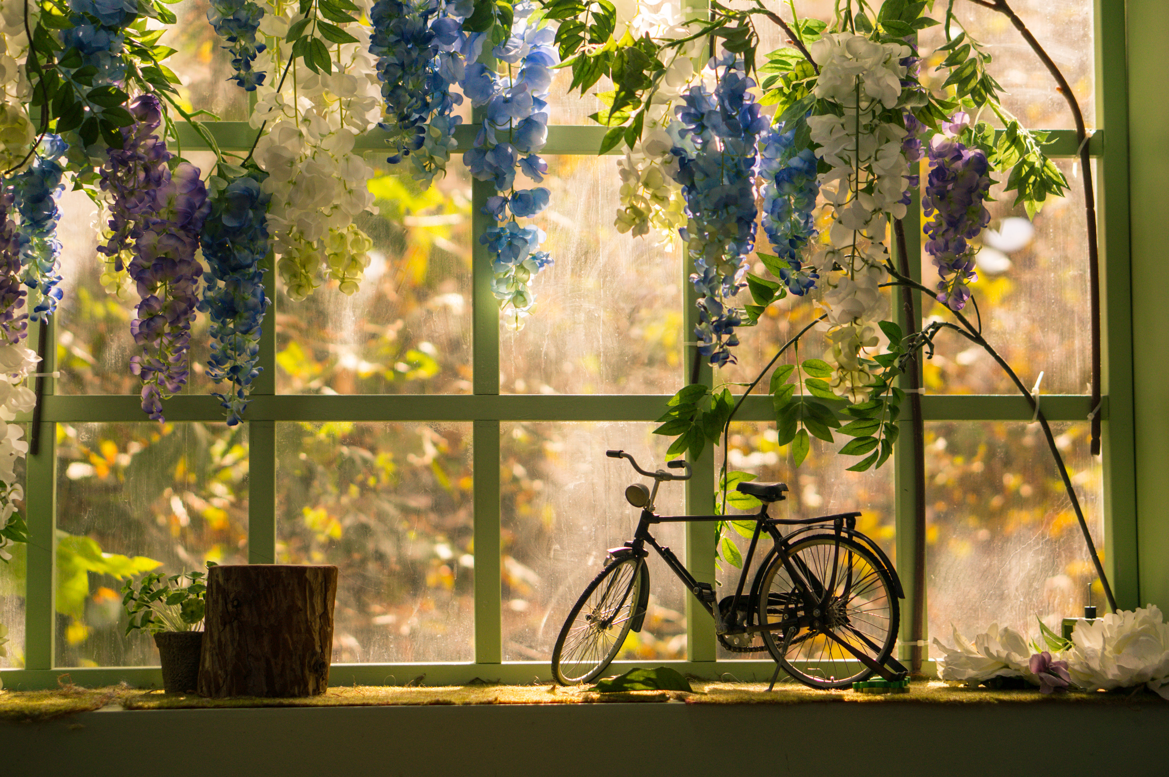 78371 скачать картинку цветы, окно, велосипед, статуэтка, разное - обои и заставки бесплатно
