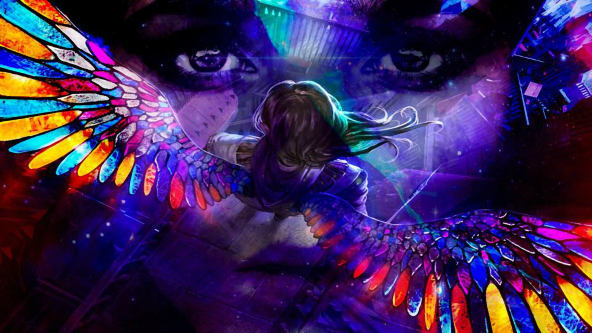 Download mobile wallpaper Fantasy, Rainbow, Colors, Wings, Colorful, Angel, Eye for free.