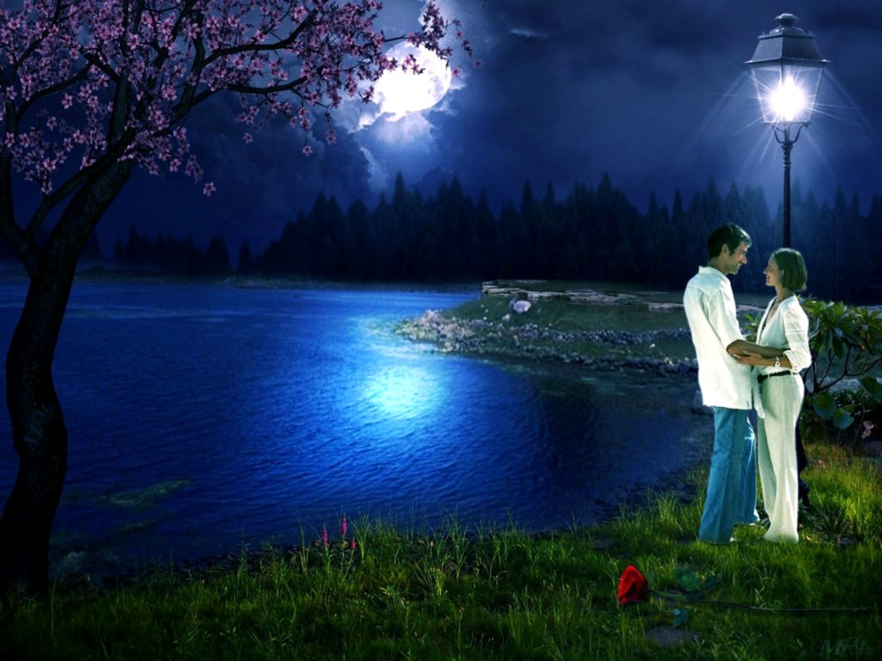 Laden Sie das Mond, Liebe, See, Nacht, Künstlerisch-Bild kostenlos auf Ihren PC-Desktop herunter