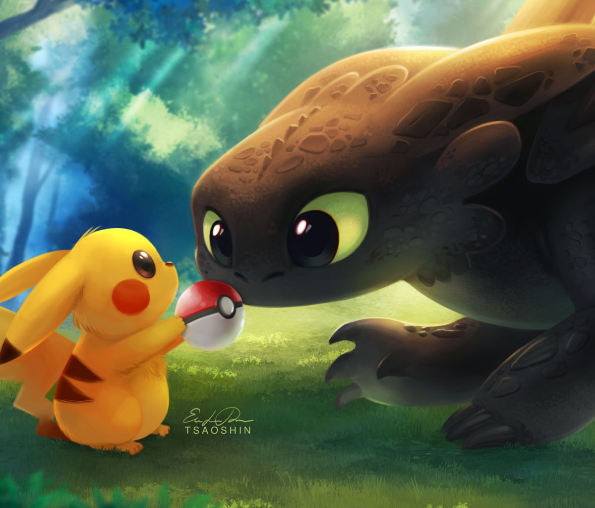 Download mobile wallpaper Pokémon, Crossover, Pikachu, Movie, Toothless (How To Train Your Dragon), How To Train Your Dragon, Pokeball for free.