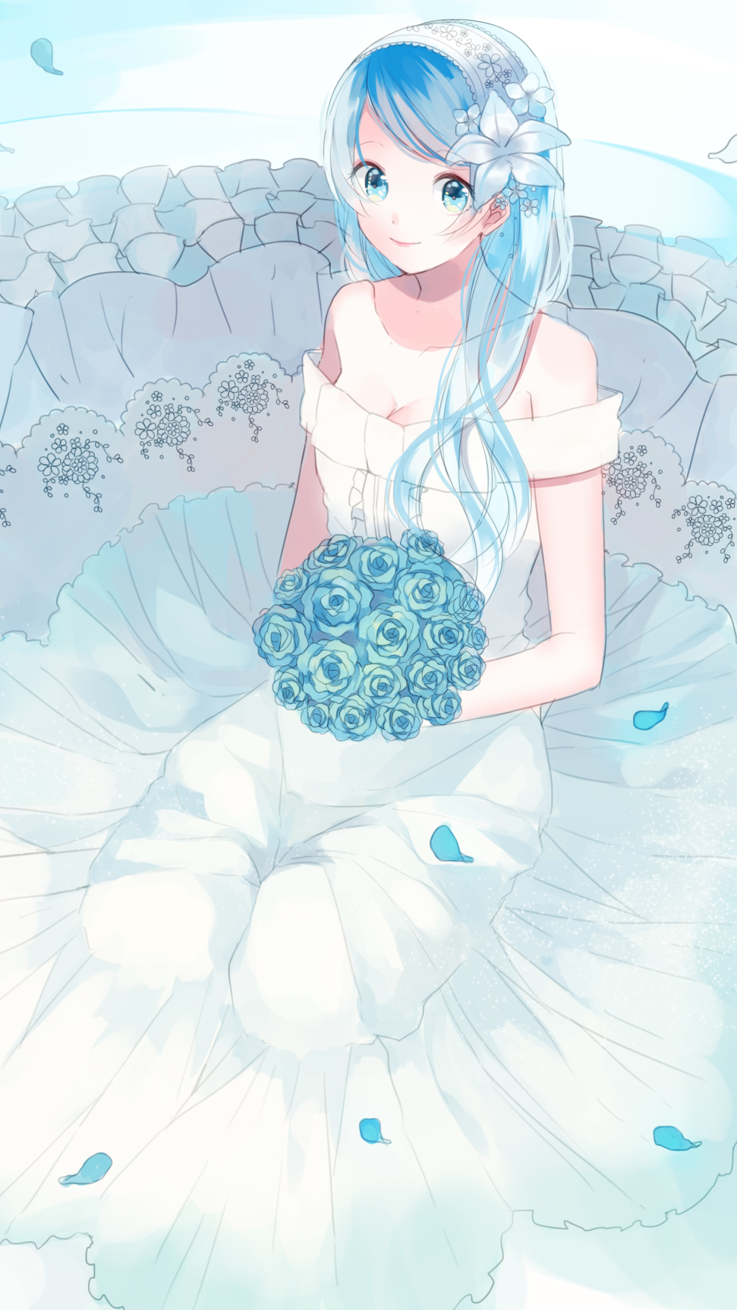 Download mobile wallpaper Anime, Flower, Rose, Smile, Petal, Dress, Blue Eyes, Original, Blue Hair, Long Hair for free.