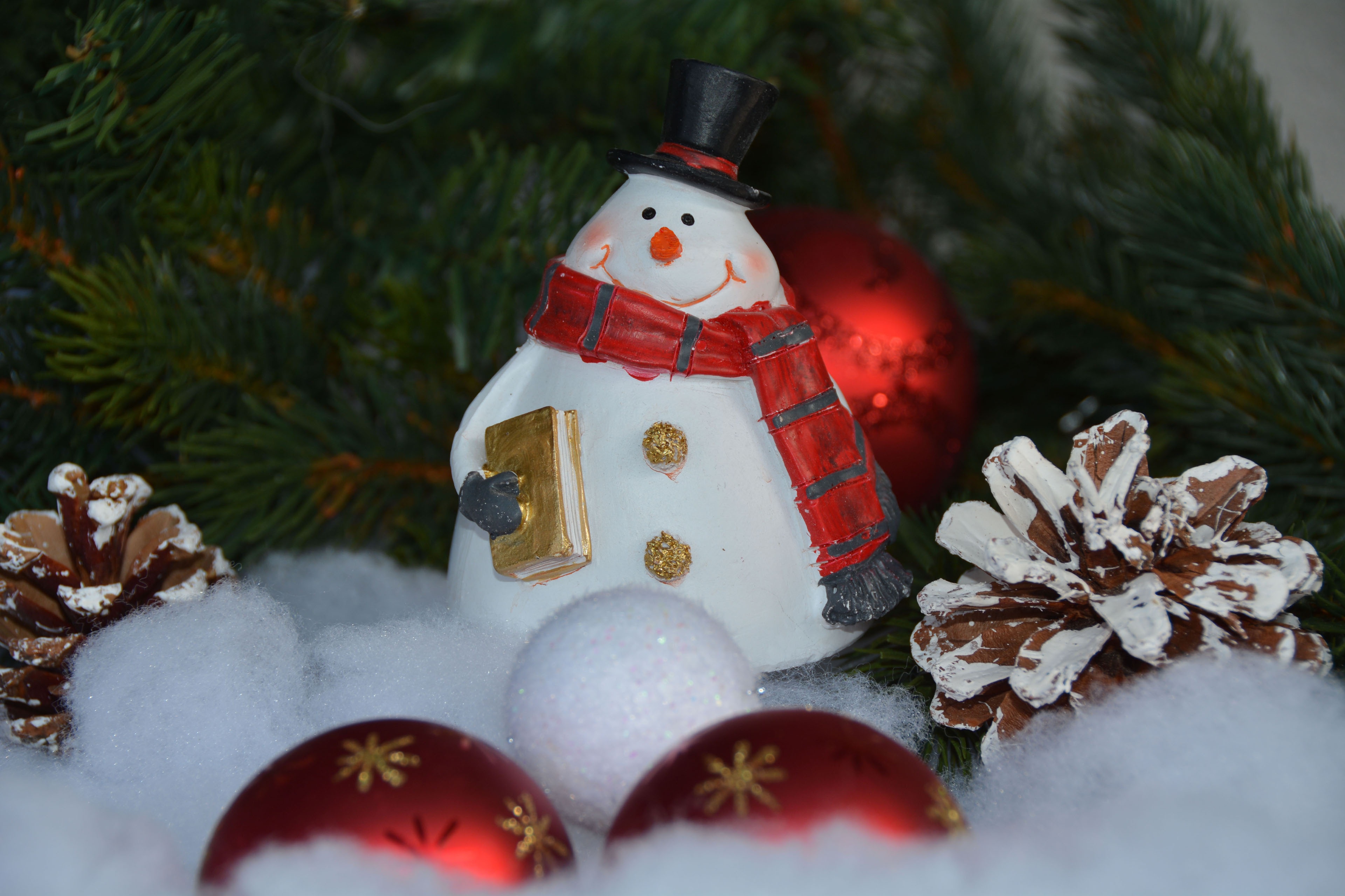 Download mobile wallpaper Snowman, Christmas, Holiday, Figurine, Bauble, Pine Cone for free.