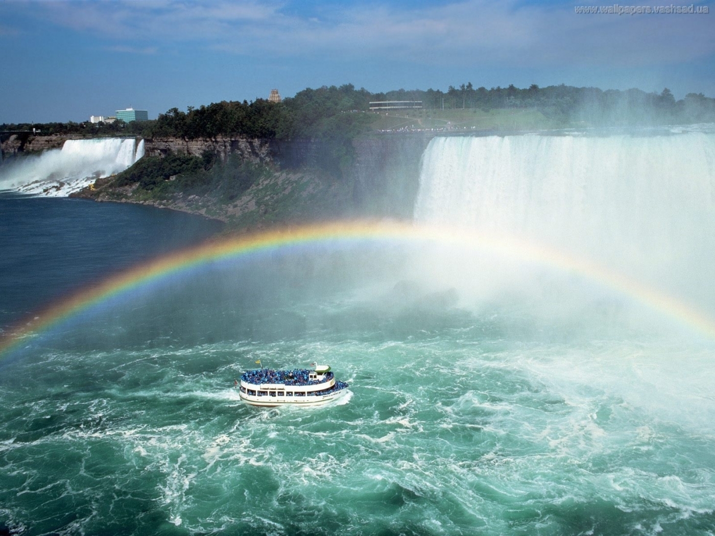 Free download wallpaper Landscape, Rainbow, Waterfalls, Boats on your PC desktop