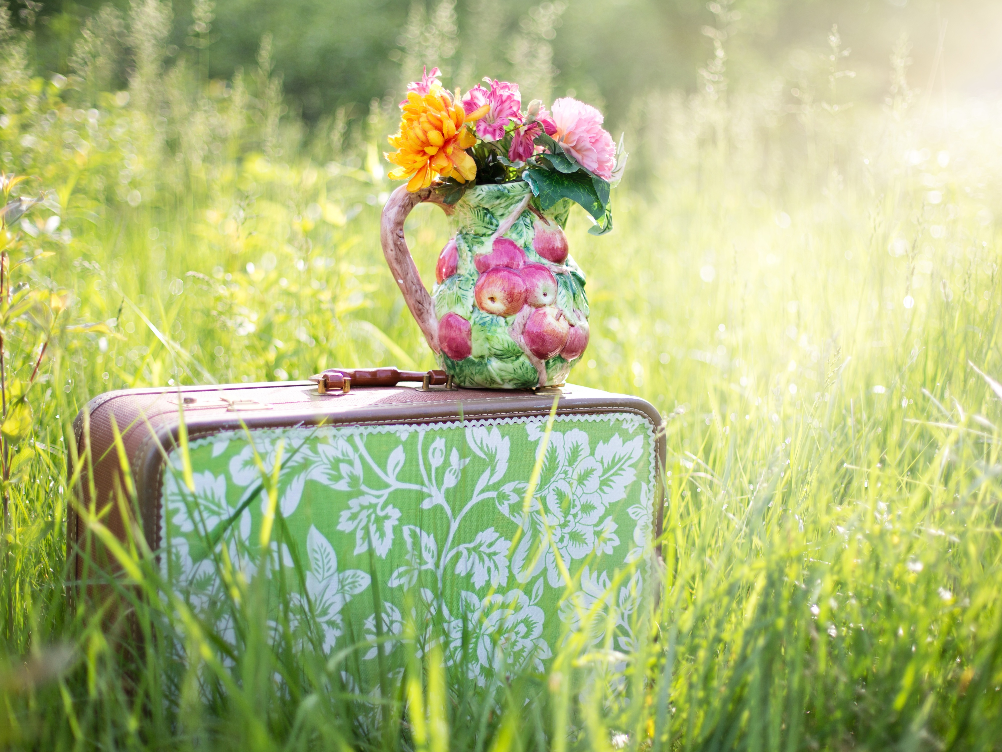 Download mobile wallpaper Still Life, Flower, Vase, Spring, Bokeh, Photography, Suitcase, Pitcher for free.