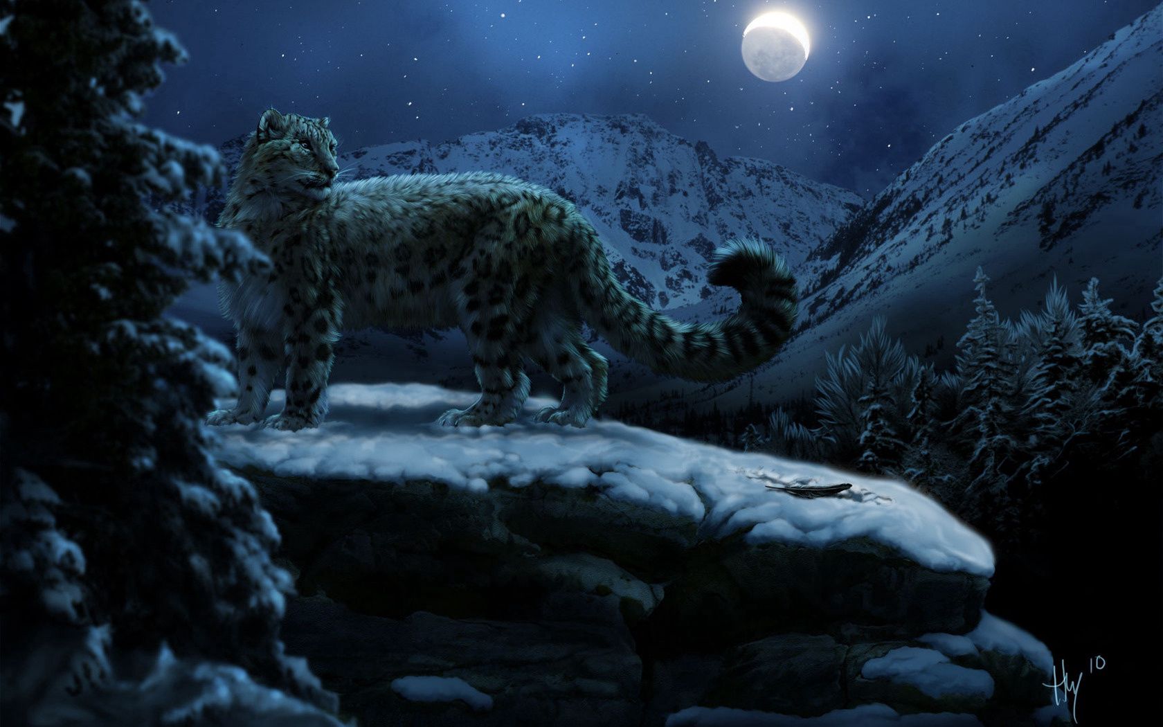 Download mobile wallpaper Animals, Winter, Snow Leopard, Moon for free.
