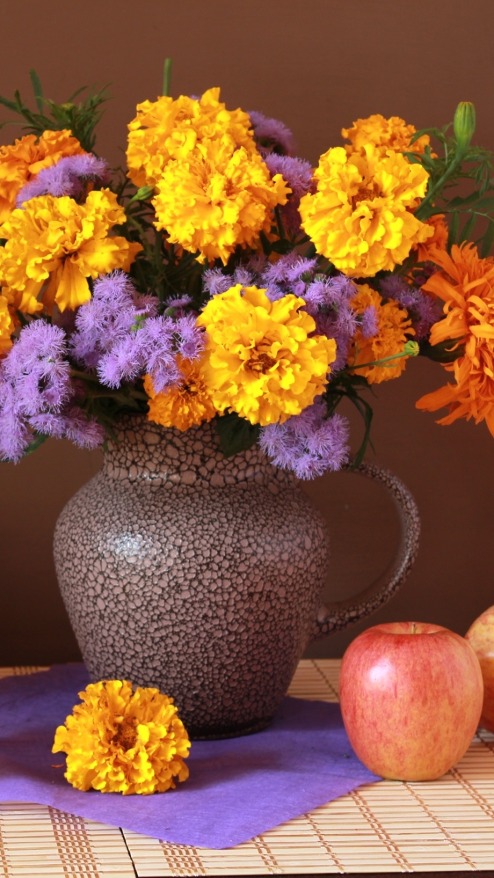 Download mobile wallpaper Apple, Still Life, Flower, Bouquet, Photography, Yellow Flower, Purple Flower for free.