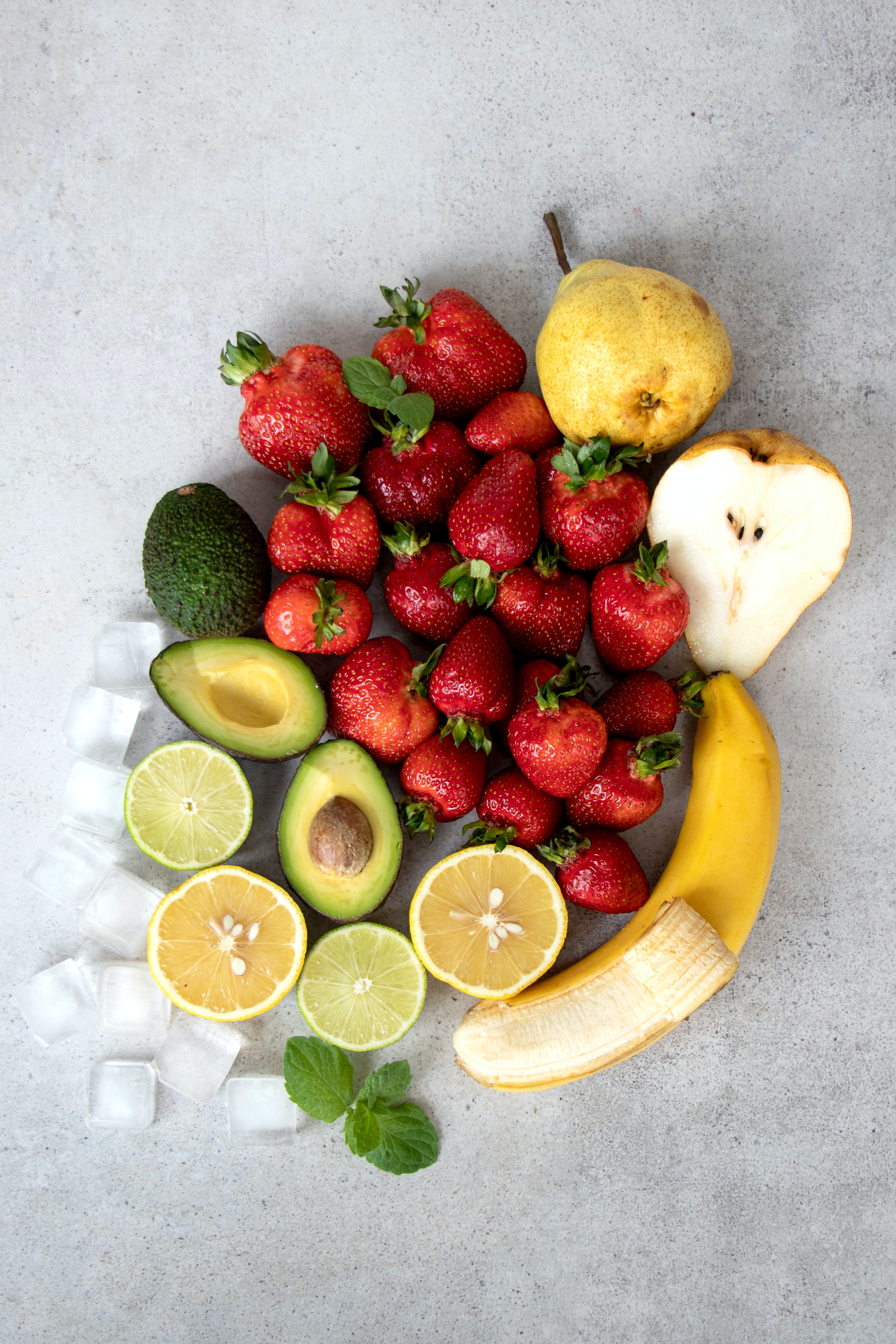 Free download wallpaper Lemon, Pear, Food, Strawberry, Avocado, Ice, Banana, Fruits on your PC desktop