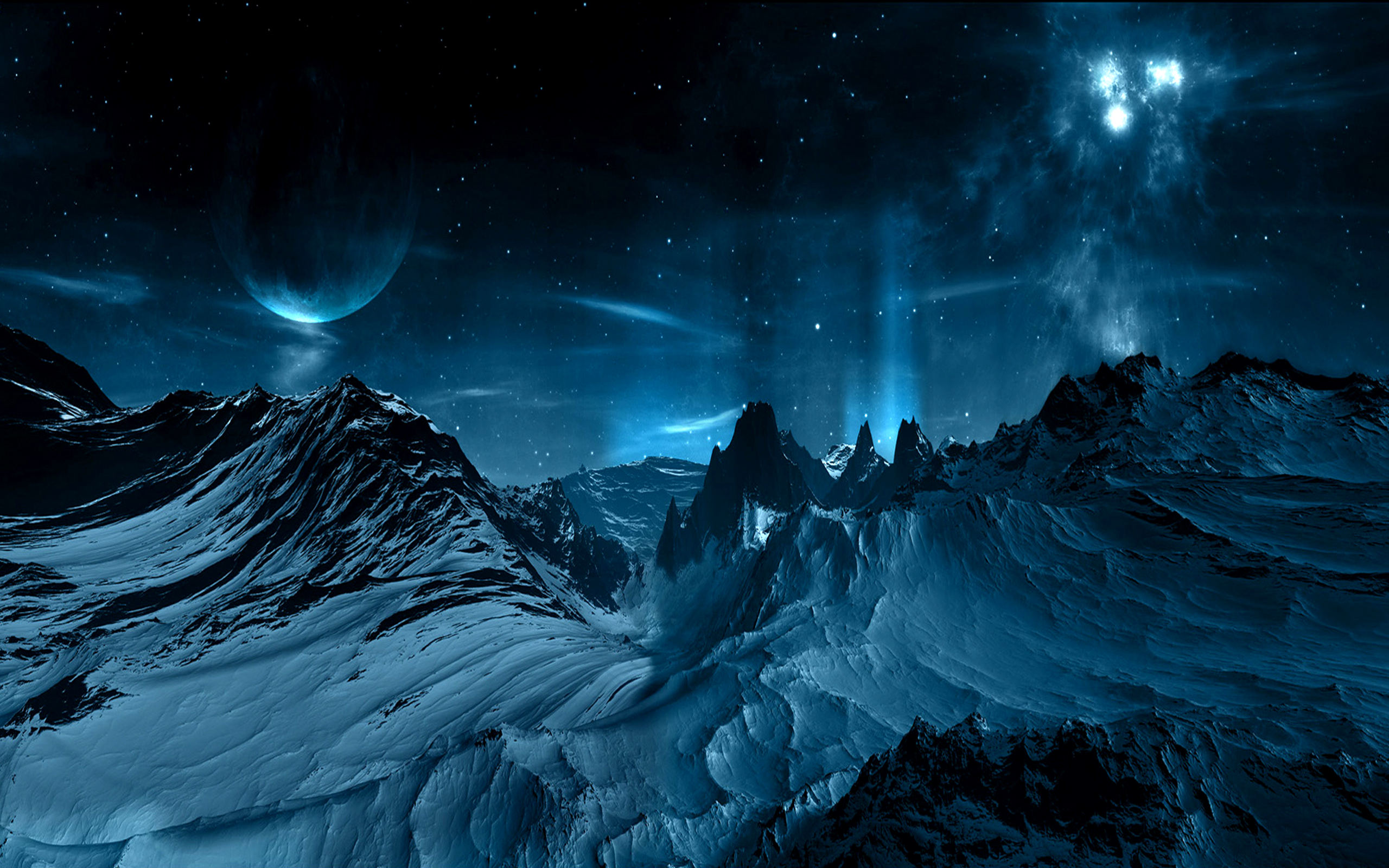 178356 Hintergrundbild herunterladen blau, planet, schnee, mond, science fiction, gebirge, landschaft, weltraum - Bildschirmschoner und Bilder kostenlos