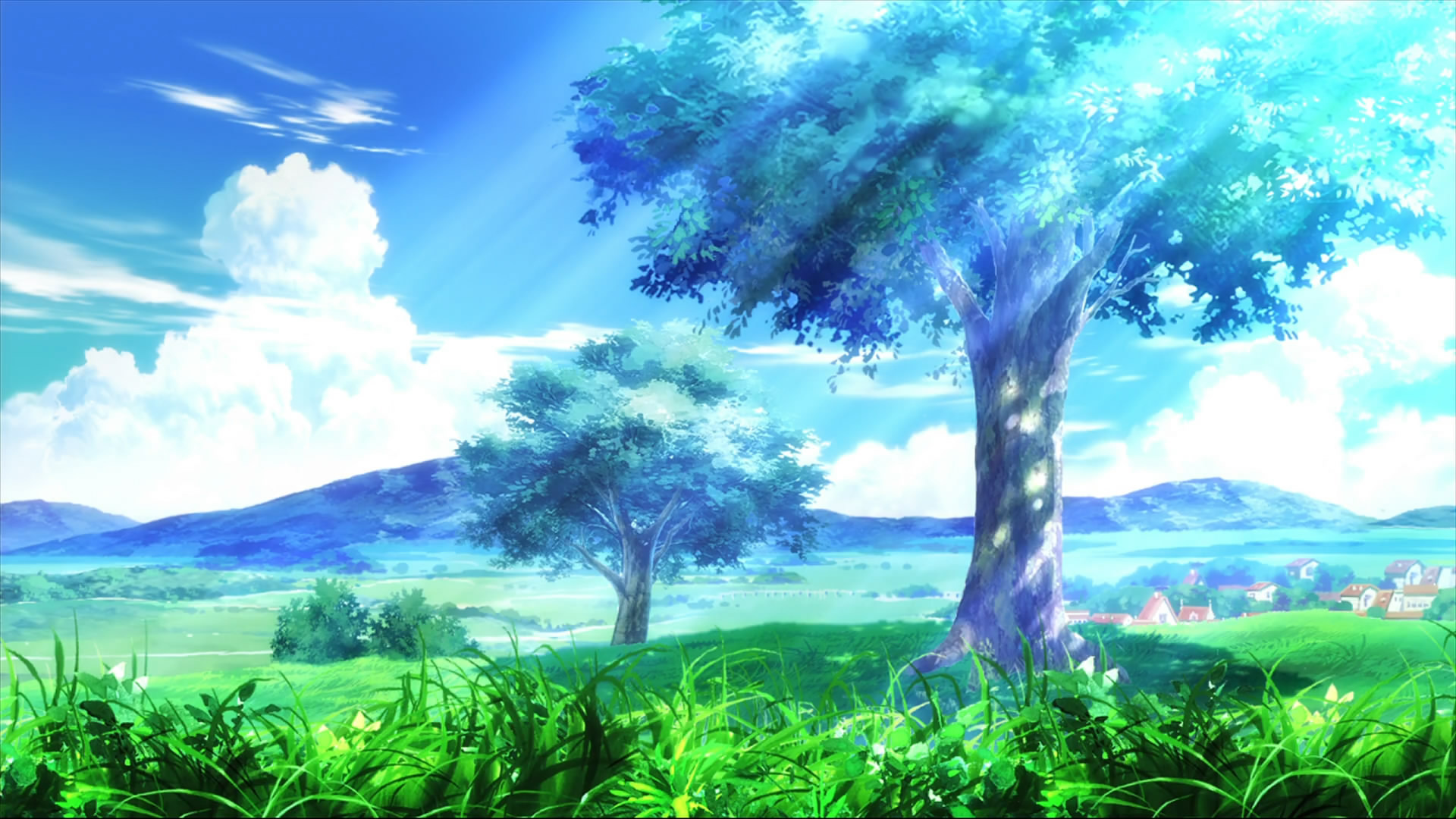 landscape, grass, anime, ef, cloud, nature, sunbeam, tree