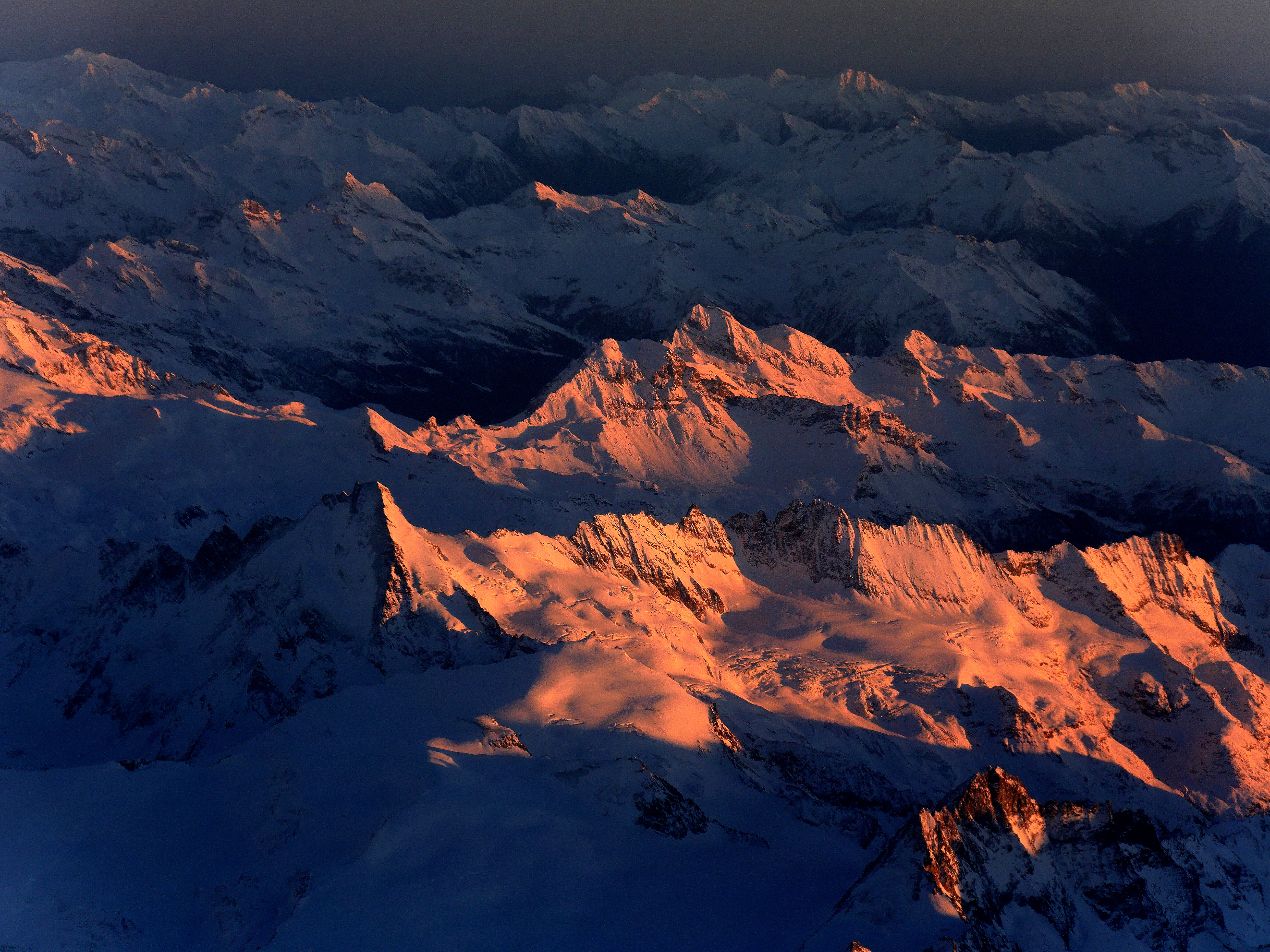 Download mobile wallpaper Snow, Twilight, Dusk, View From Above, Mountains, Nature, Landscape for free.