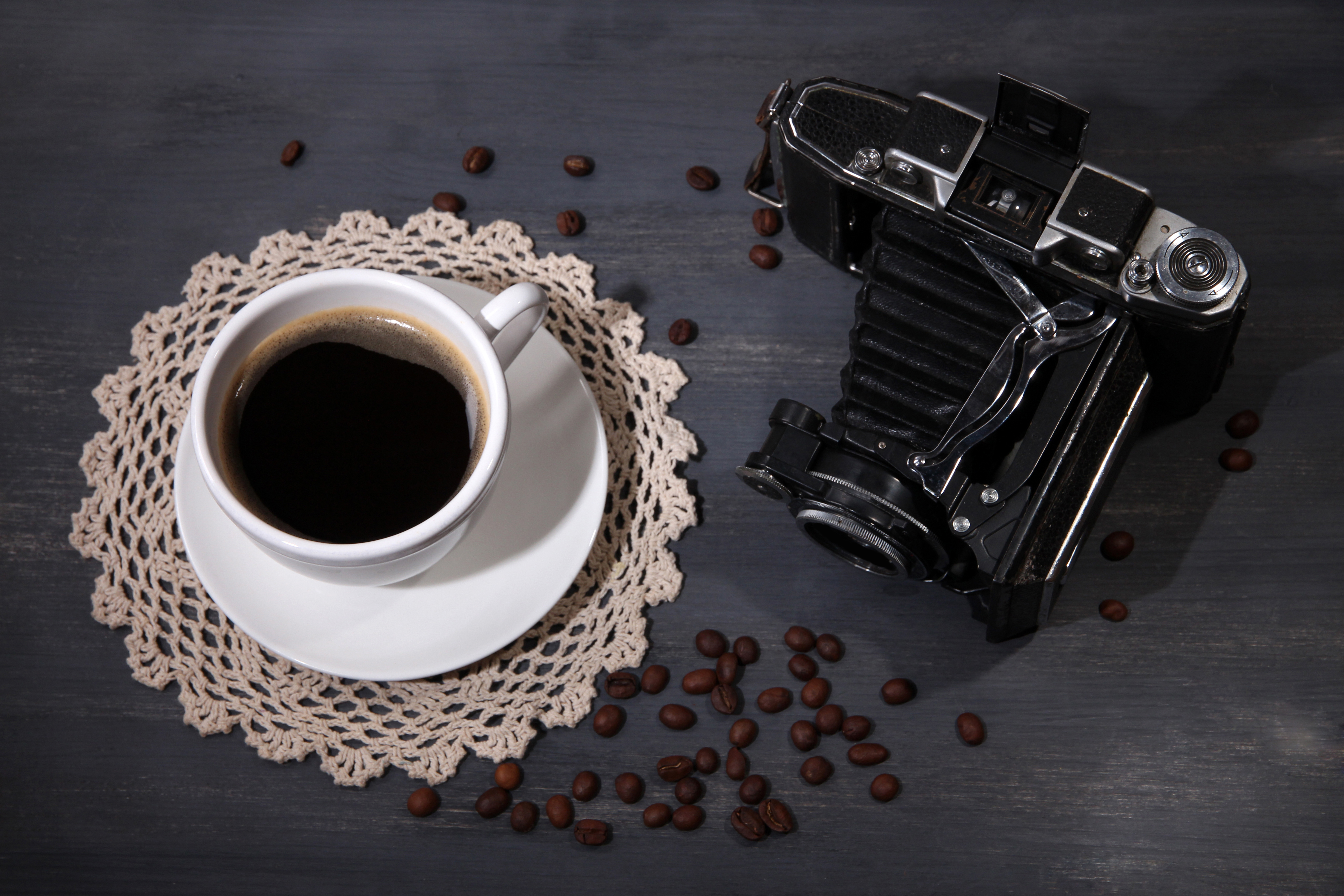 Download mobile wallpaper Food, Coffee, Still Life, Cup, Camera, Coffee Beans, Vintage Camera for free.