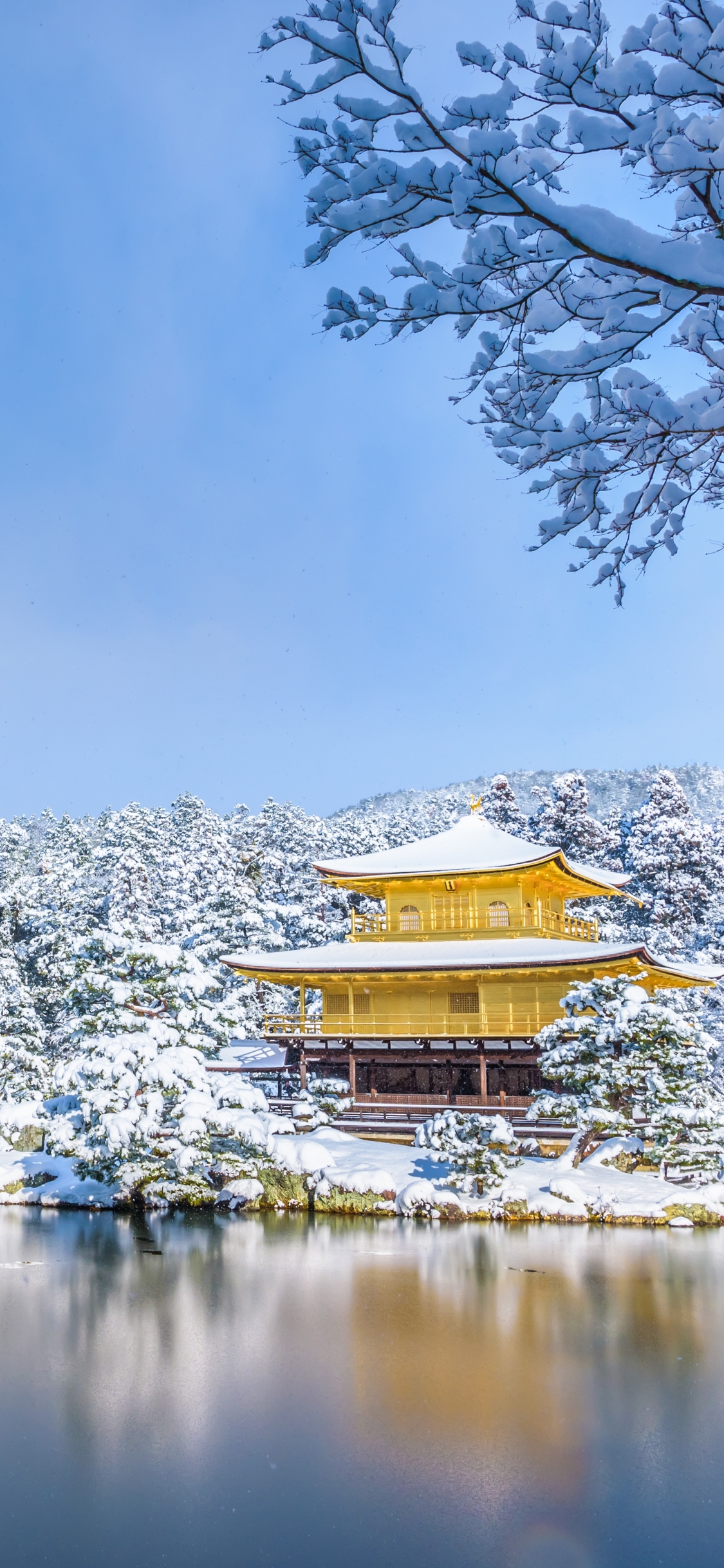 Download mobile wallpaper Winter, Snow, Reflection, Park, Pagoda, Religious for free.