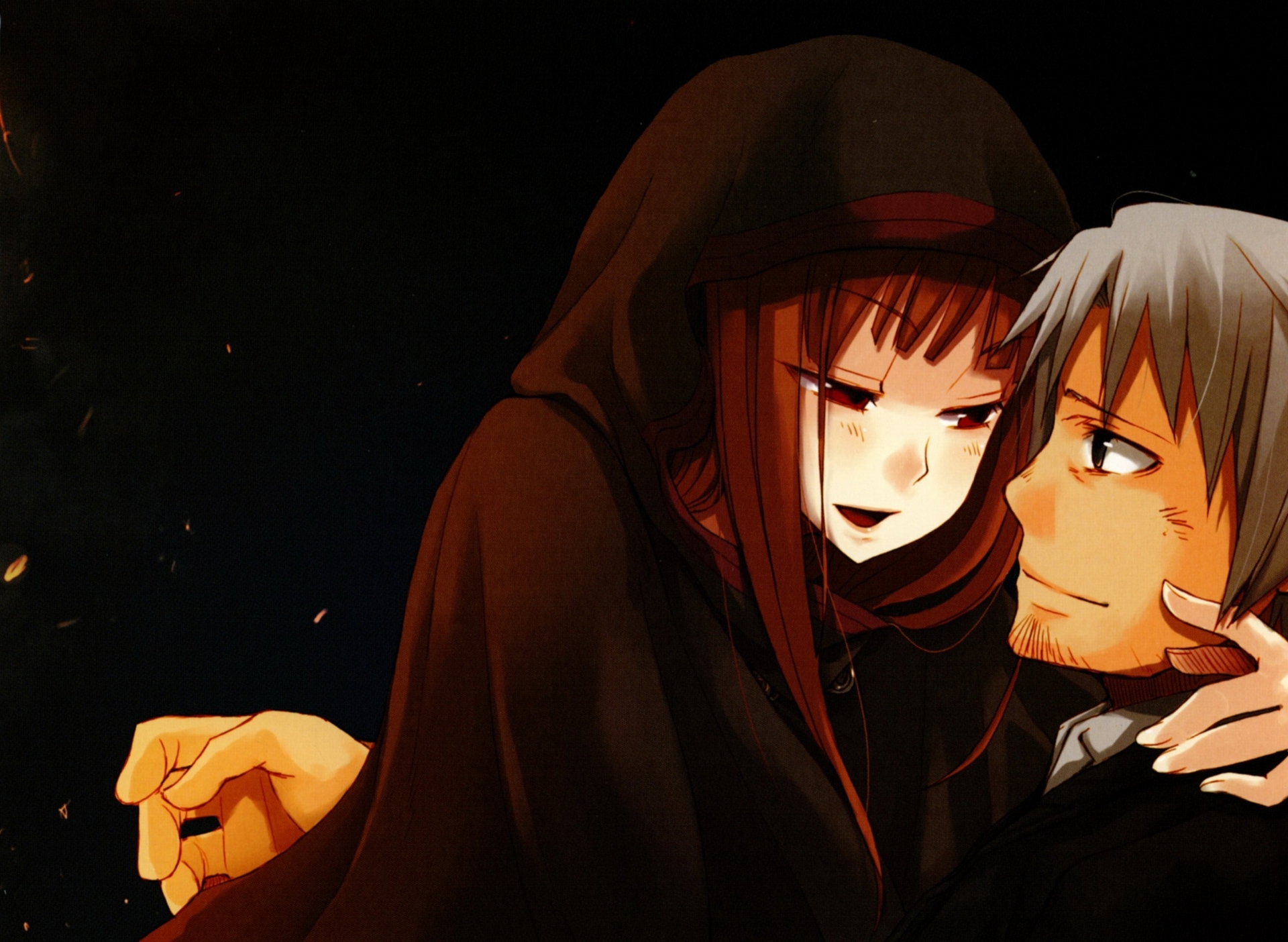 anime, spice and wolf, coat, grey hair, holo (spice & wolf), hood, kraft lawrence, red eyes