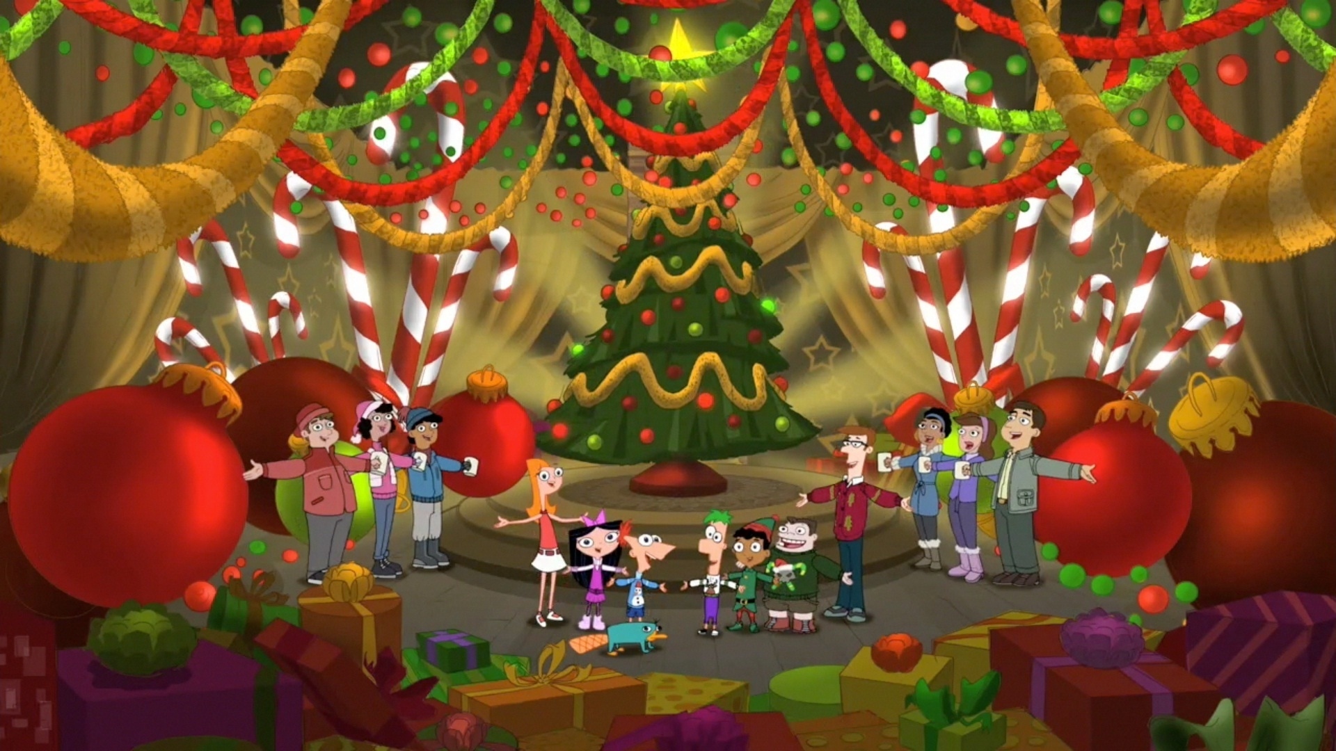 tv show, phineas and ferb, bauble, christmas tree, christmas, decoration, ferb fletcher, gift, phineas flynn
