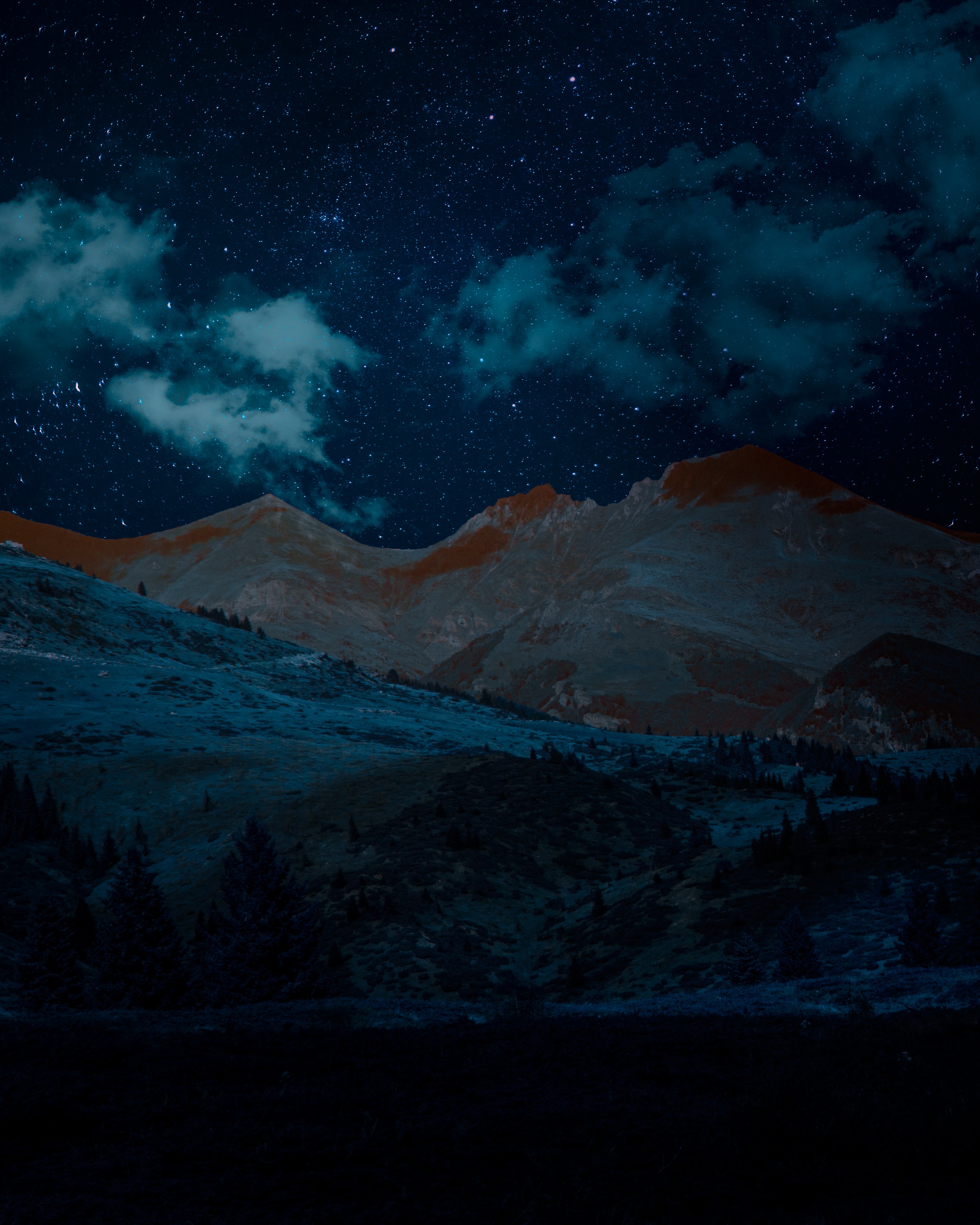 Download mobile wallpaper Slope, Mountains, Starry Sky, Nature, Night for free.