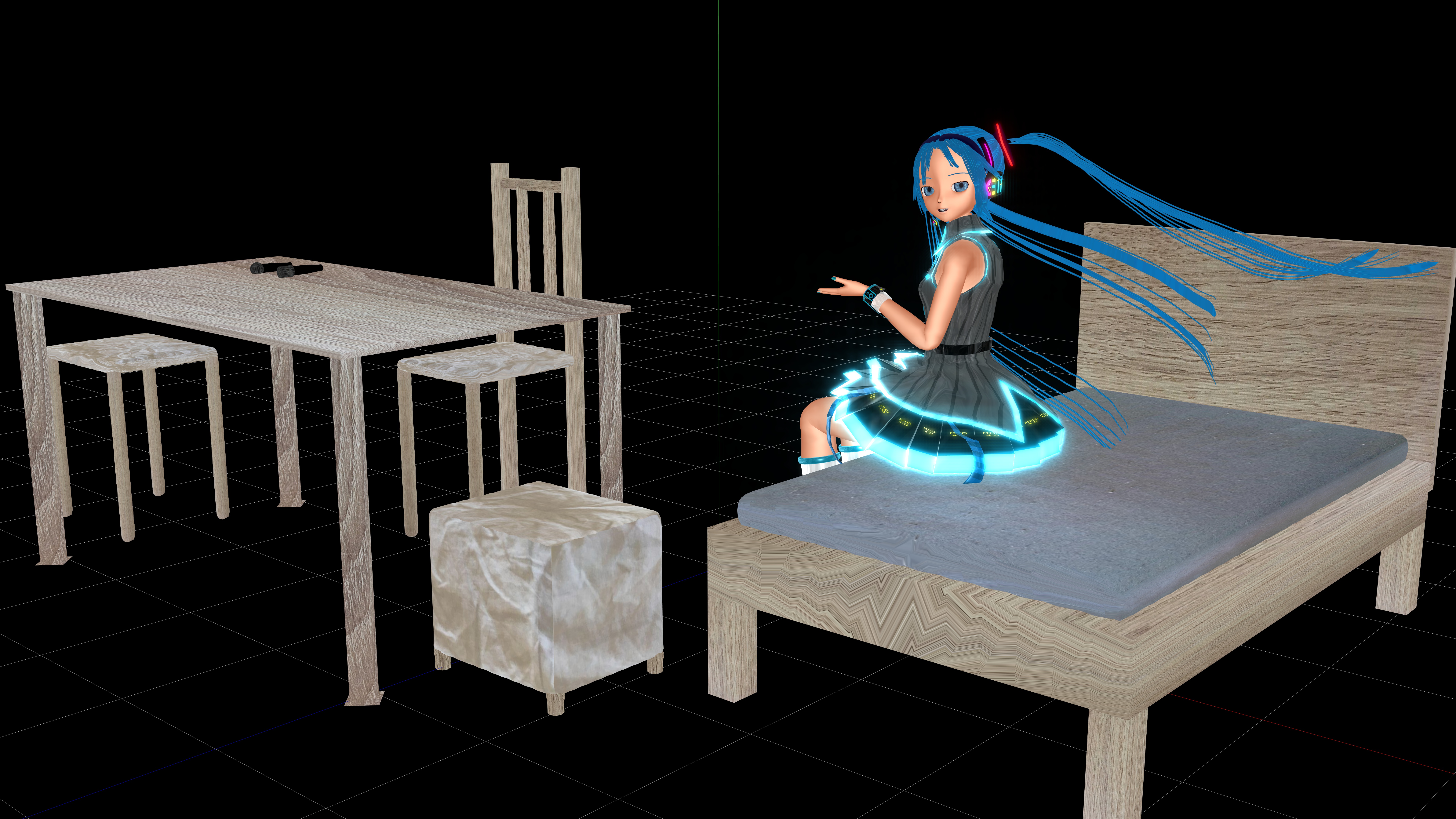Download mobile wallpaper Anime, Chair, Table, Vocaloid, Hatsune Miku, Blender 3D for free.