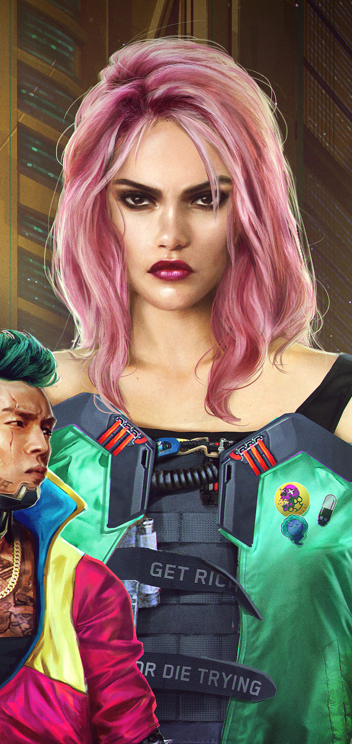 Handy-Wallpaper Waffe, Cyberpunk, Pinkes Haar, Computerspiele, Cyberpunk 2077 kostenlos herunterladen.