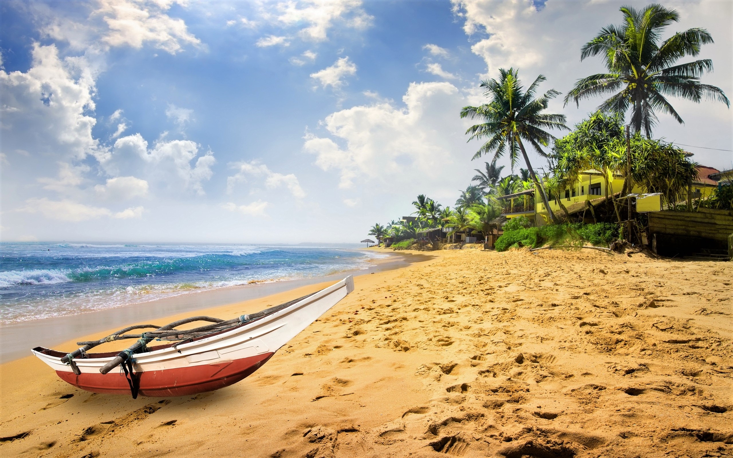 Download mobile wallpaper Sea, Beach, Horizon, Ocean, Boat, Tropical, Canoe, Vehicles, Palm Tree for free.