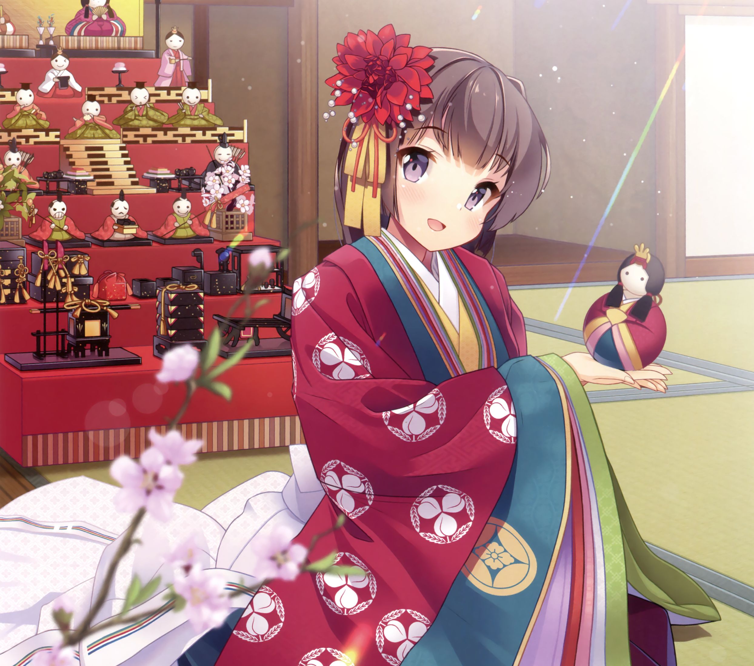 Laden Sie das Lächeln, Kimono, Original, Kirschblüte, Erröten, Animes, Braune Haare, Kurzes Haar-Bild kostenlos auf Ihren PC-Desktop herunter