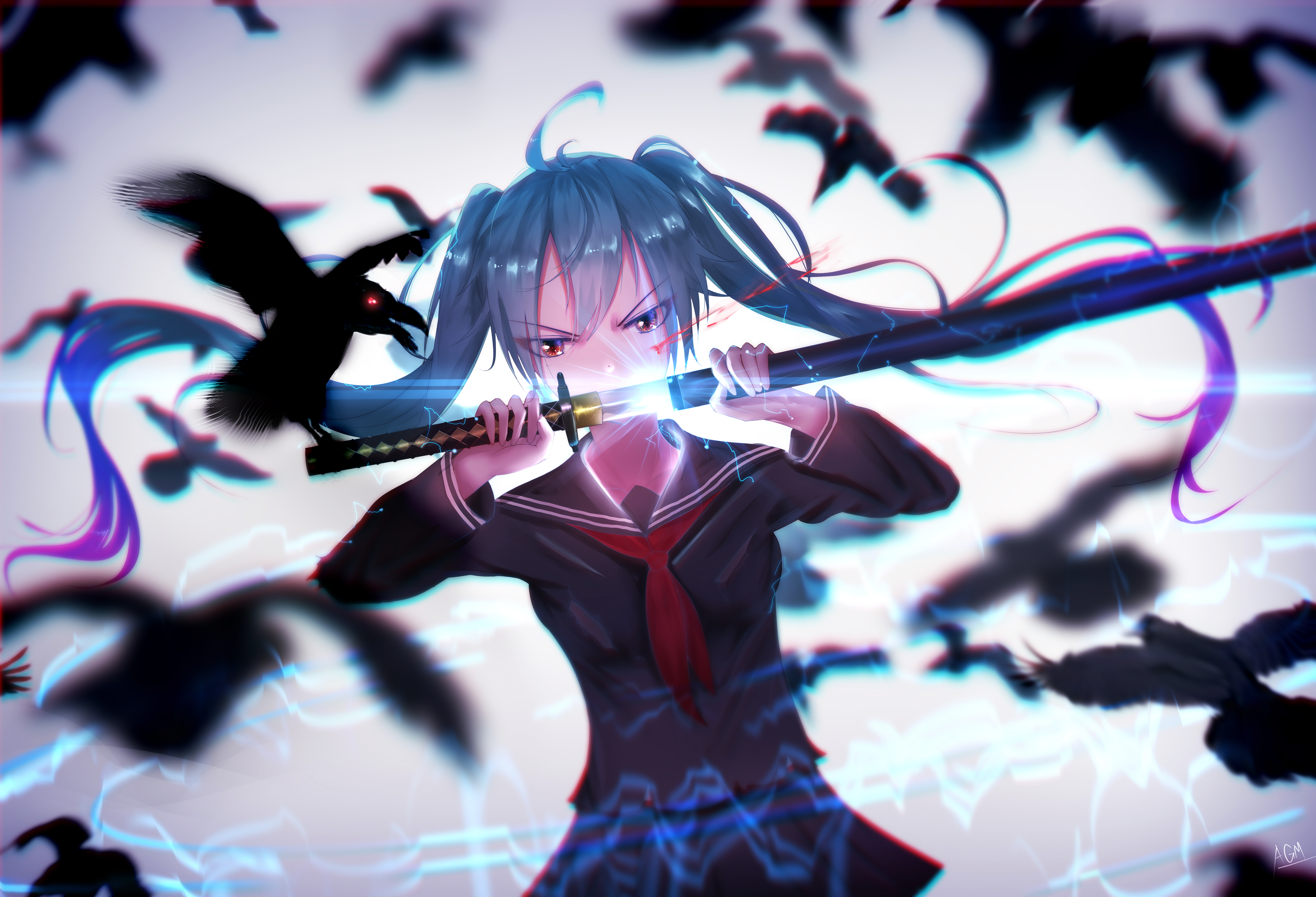 Free download wallpaper Anime, Vocaloid, Crow, Katana, Hatsune Miku on your PC desktop