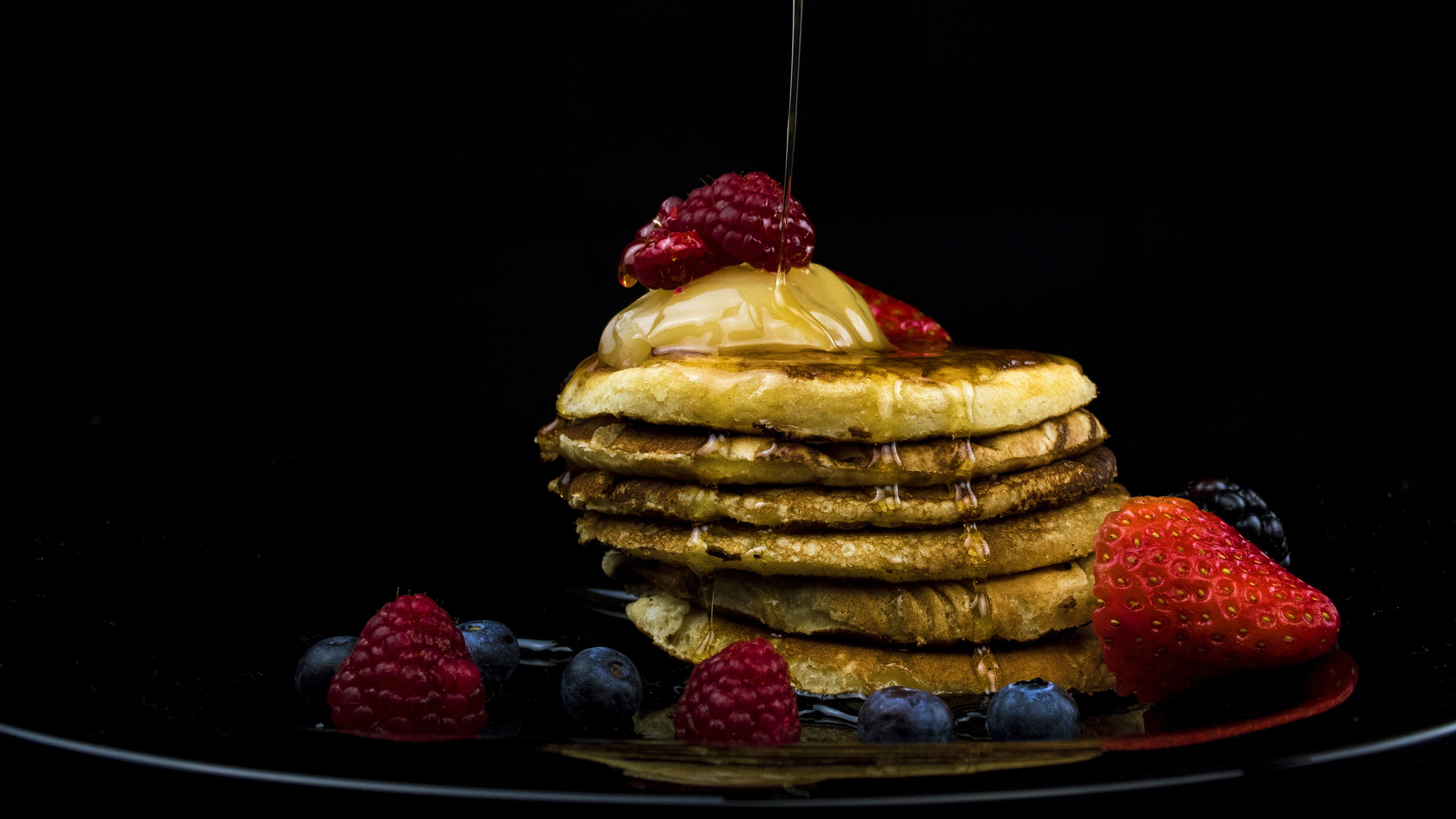 Download mobile wallpaper Food, Strawberry, Blueberry, Raspberry, Berry, Honey, Pancake for free.