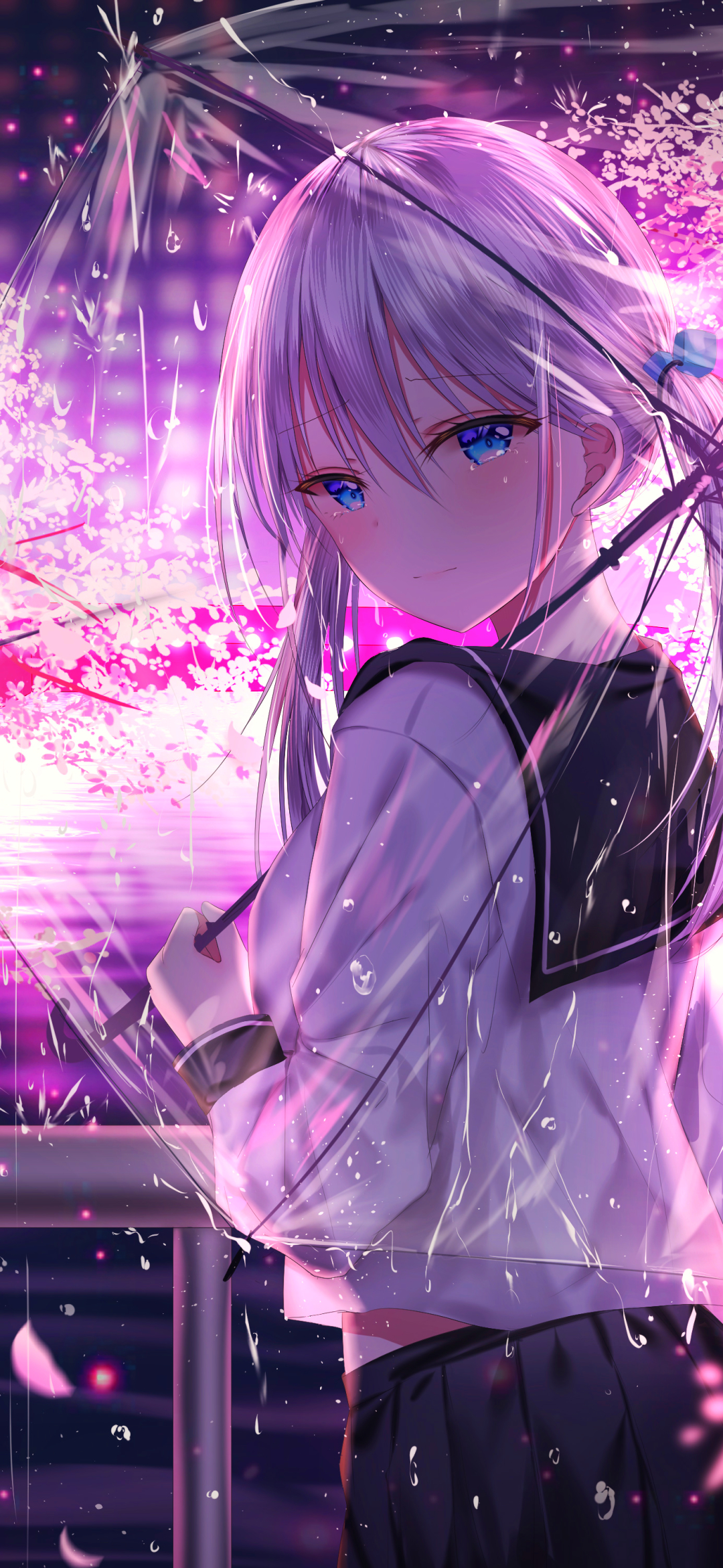 Download mobile wallpaper Anime, Blue Eyes, Tears, Cherry Blossom, Original, Twintails, Grey Hair for free.