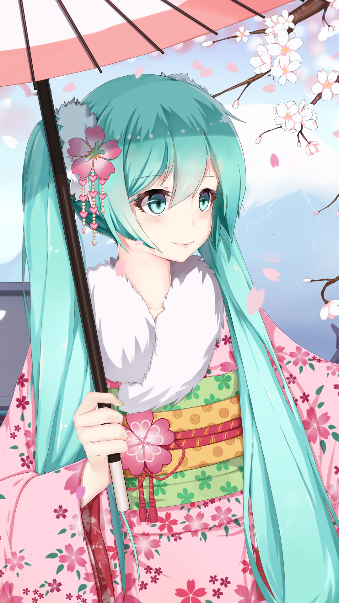 Download mobile wallpaper Anime, Umbrella, Vocaloid, Kimono, Petal, Blue Eyes, Blue Hair, Hatsune Miku, Twintails, Sakura Blossom for free.