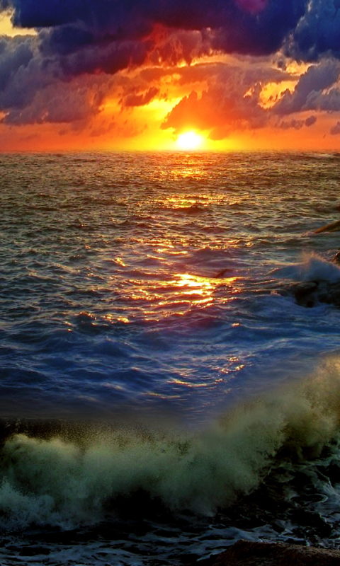 Download mobile wallpaper Water, Sunset, Coast, Ocean, Sunrise, Earth, Wave for free.