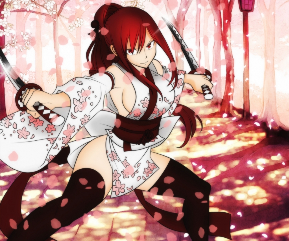 Laden Sie das Katana, Animes, Lange Haare, Rote Haare, Fairy Tail, Erza Scarlet, Yukata, Sakura Blüte-Bild kostenlos auf Ihren PC-Desktop herunter