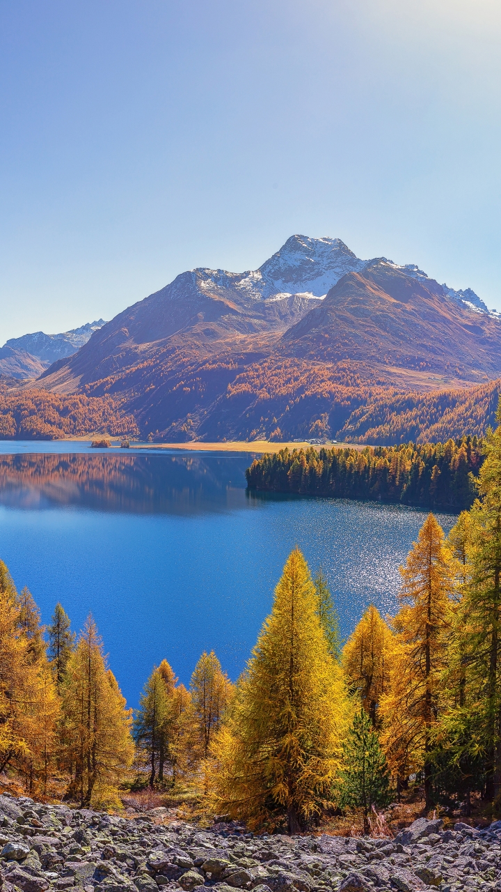 Handy-Wallpaper Landschaft, Herbst, Seen, Berg, See, Wald, Gebirge, Panorama, Erde/natur, Spiegelung, Betrachtung kostenlos herunterladen.