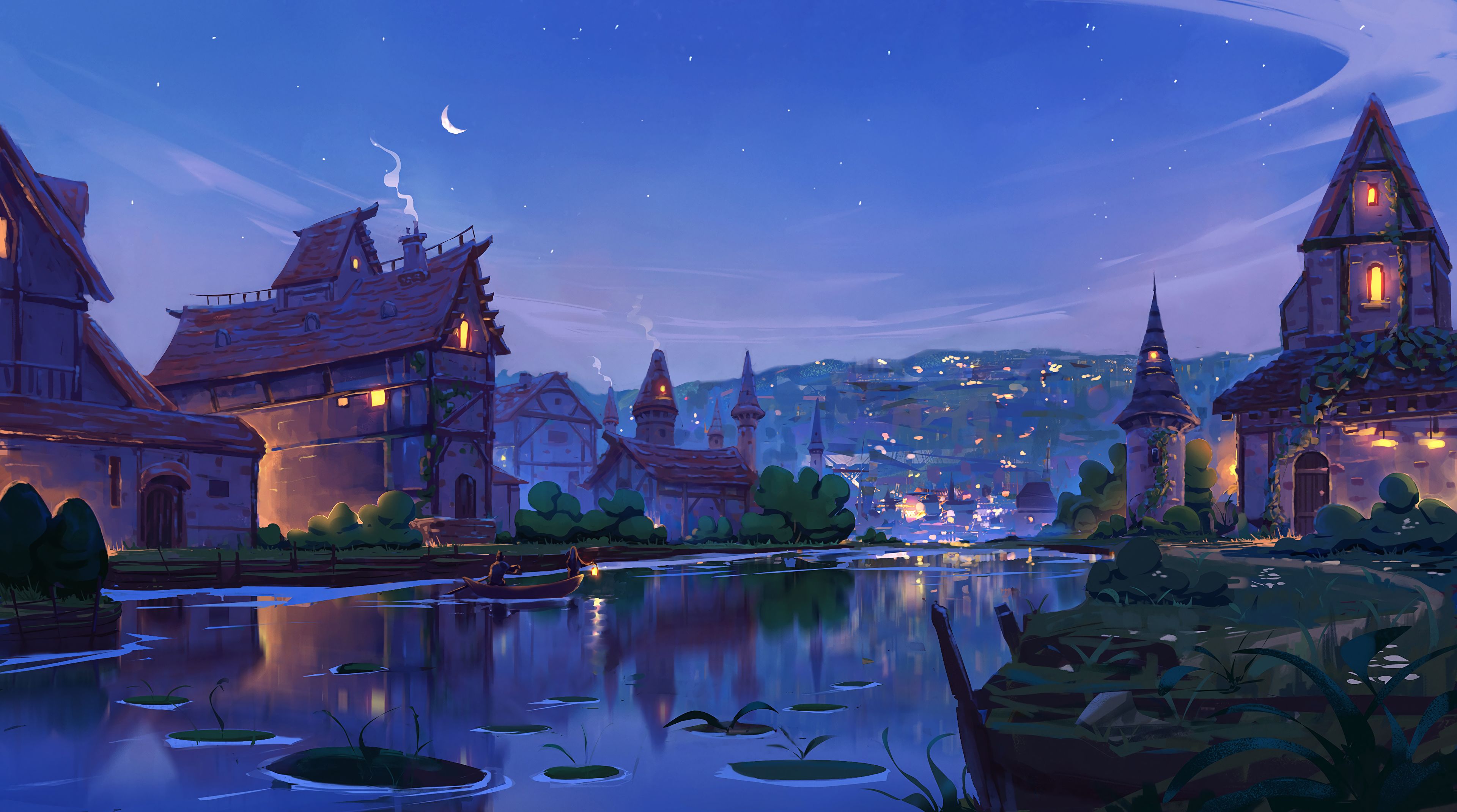 Free download wallpaper Fantasy, Night, City, House, River on your PC desktop
