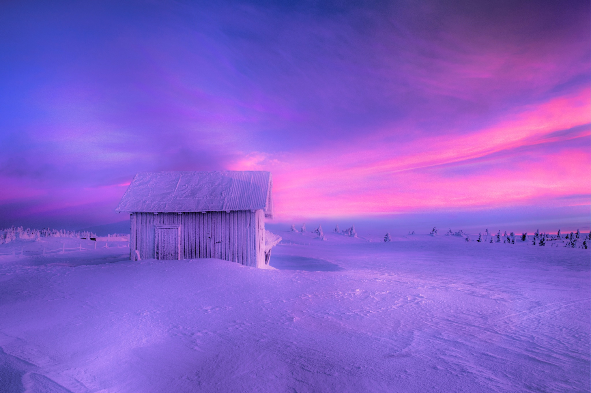 Download mobile wallpaper Winter, Sunset, Sky, Snow, Earth, Photography, Shed for free.