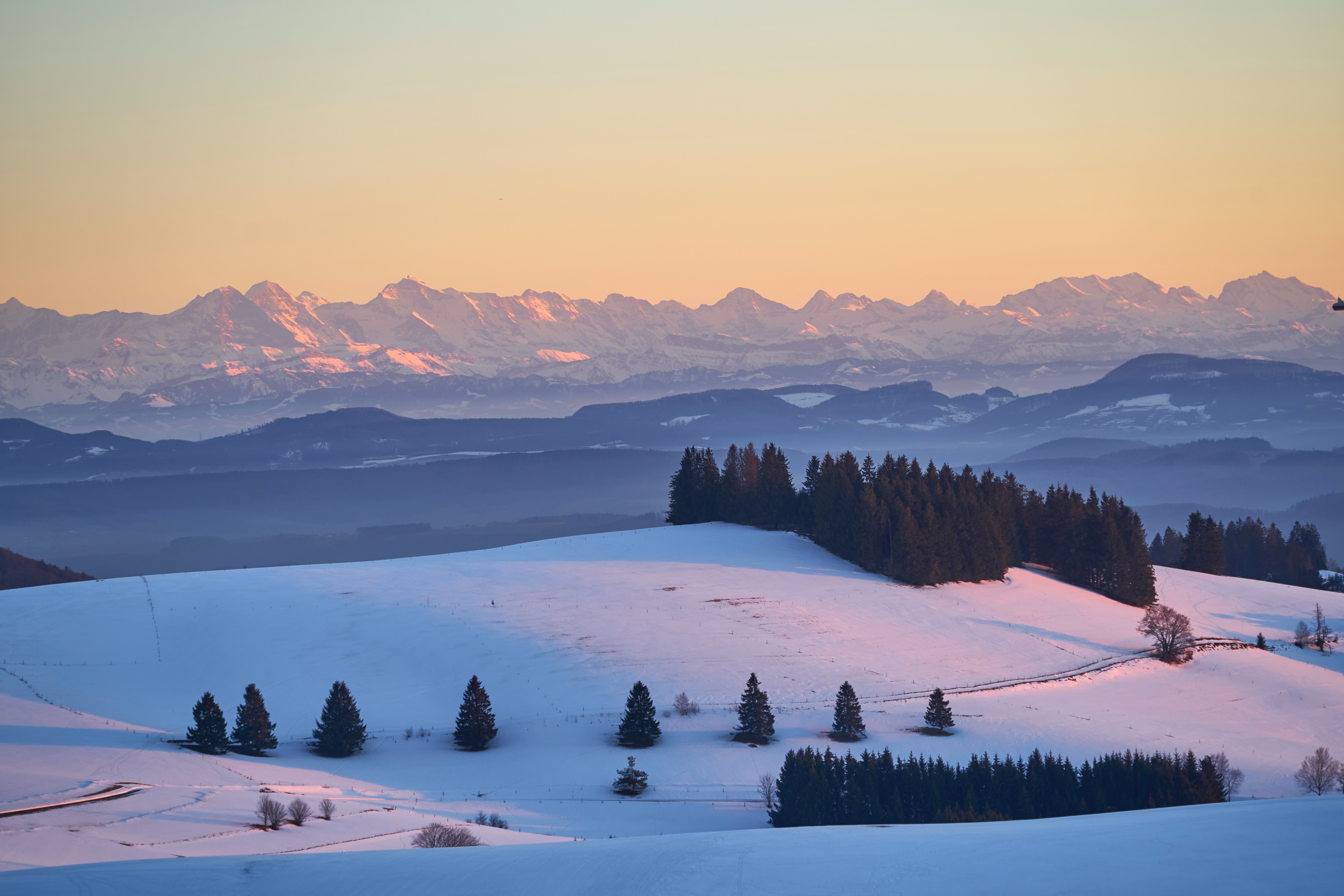Laden Sie das Natur, Bäume, Mountains, Dahl, Distanz, Schnee-Bild kostenlos auf Ihren PC-Desktop herunter