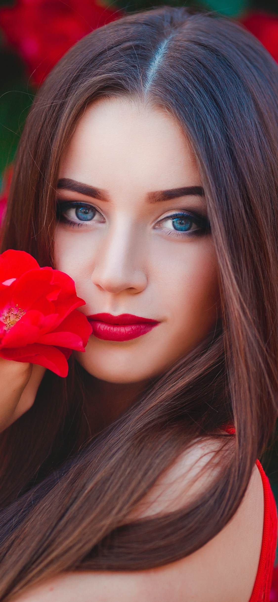 Download mobile wallpaper Brunette, Model, Women, Blue Eyes, Red Flower, Long Hair, Lipstick for free.