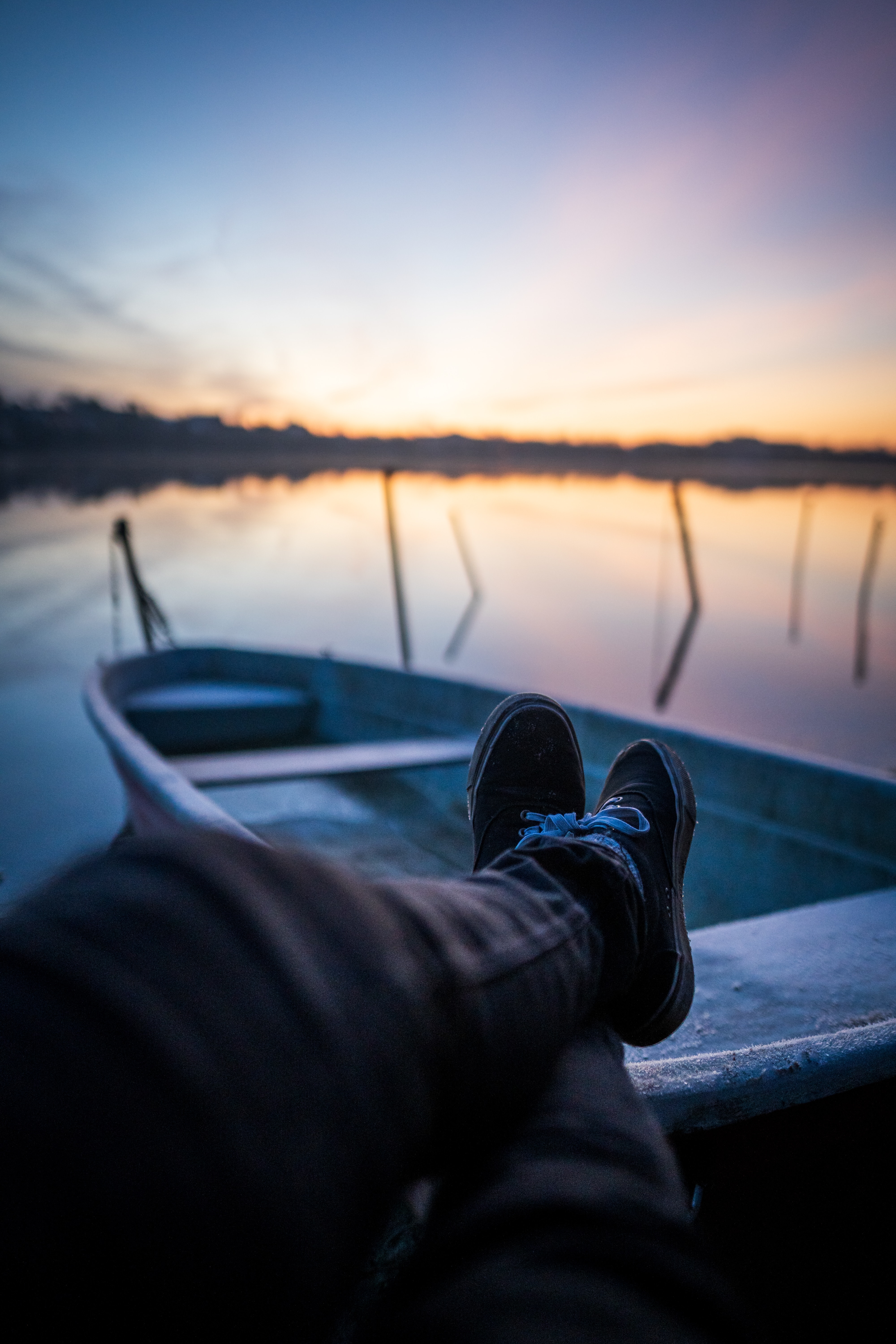 twilight, lake, miscellanea, miscellaneous, legs, dusk, relaxation, rest, boat