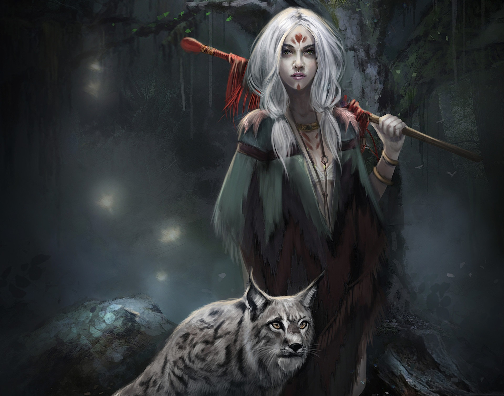 Free download wallpaper Fantasy, Women, Green Eyes, Lynx, White Hair on your PC desktop