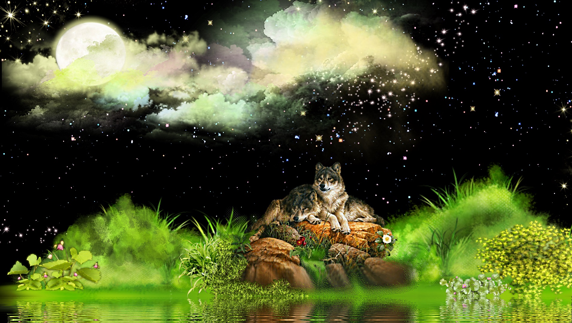 Download mobile wallpaper Wolves, Wolf, Moon, Nature, Animal, Stars for free.
