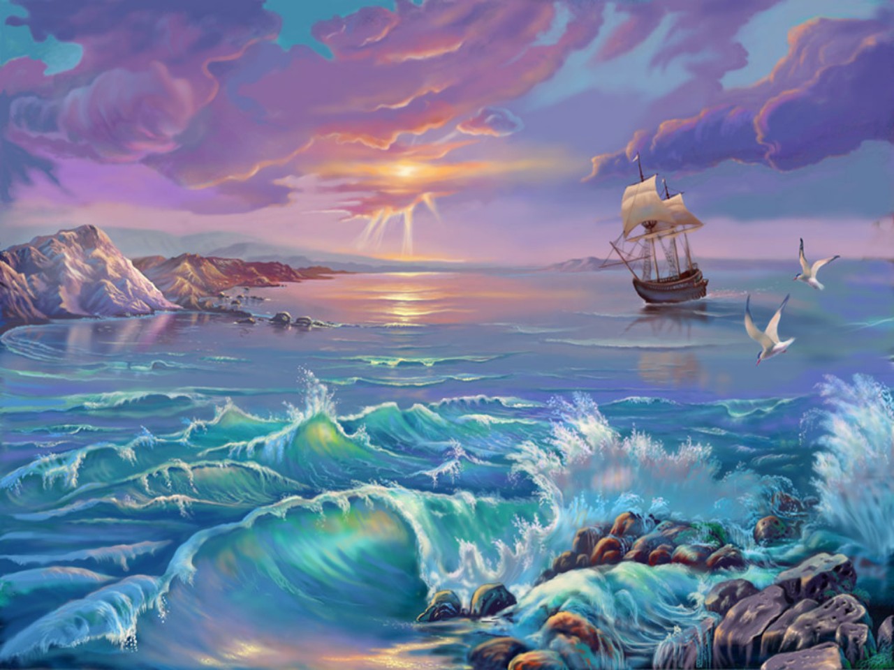 Laden Sie das Fantasie, Ozean, Schiff, Welle, Sonnenuntergang-Bild kostenlos auf Ihren PC-Desktop herunter