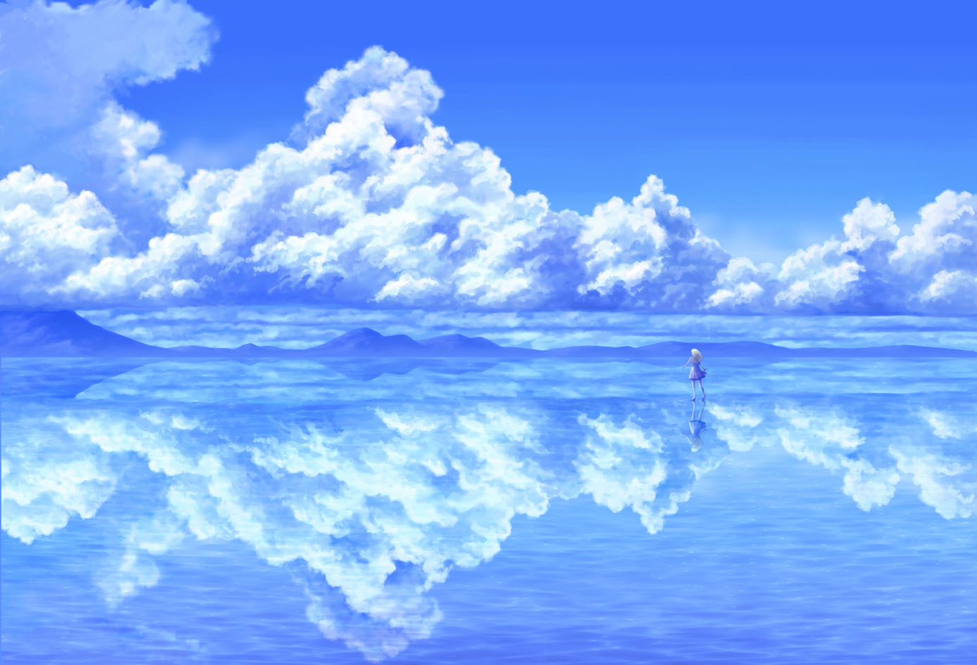 Скачать картинку Аниме, Небо, Облака, Отражение, Синий в телефон бесплатно.