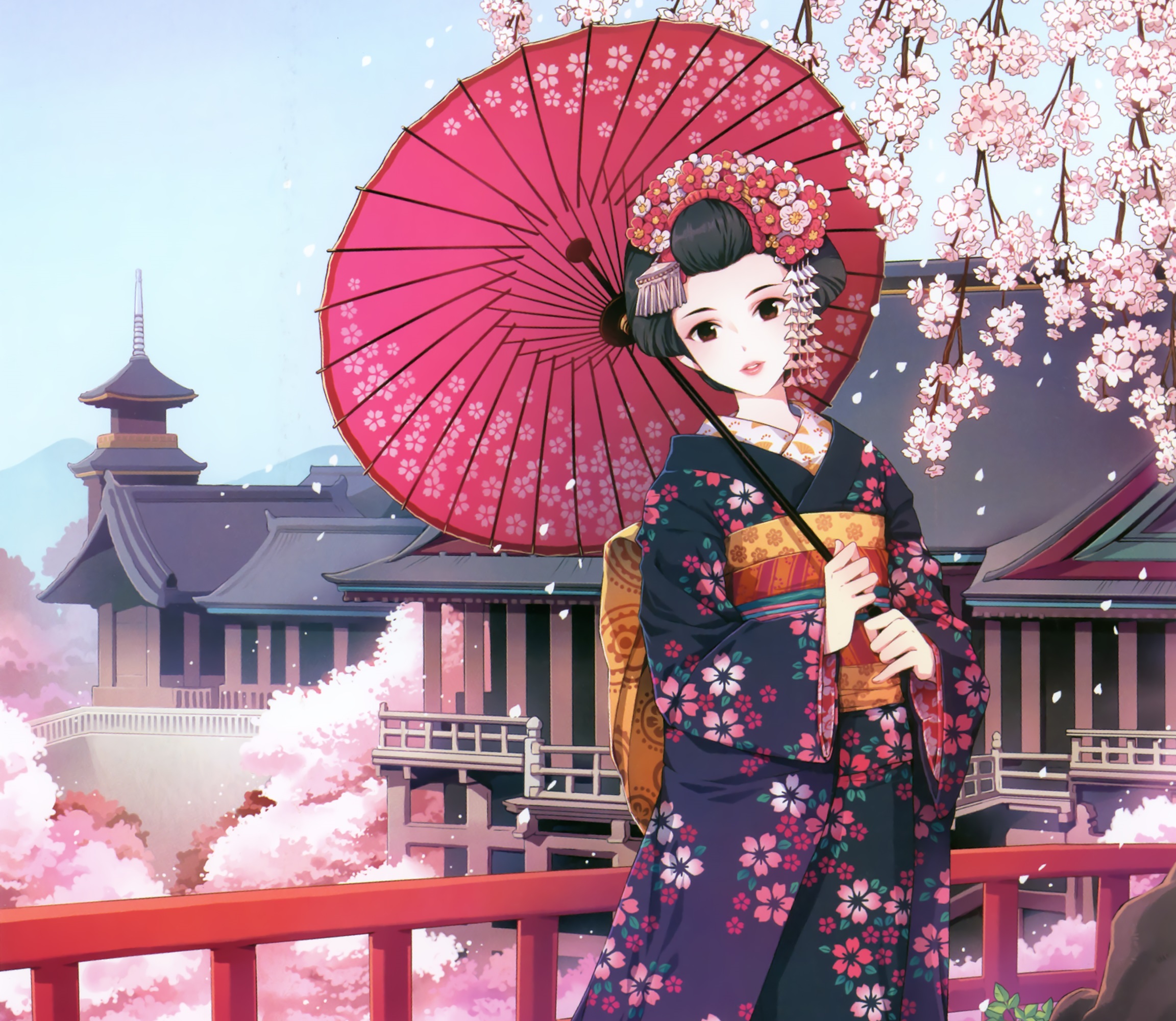Download mobile wallpaper Anime, Flower, Kimono, Petal, Headdress, Cherry Blossom, Original, Brown Eyes, Black Hair, Short Hair, Parasol for free.