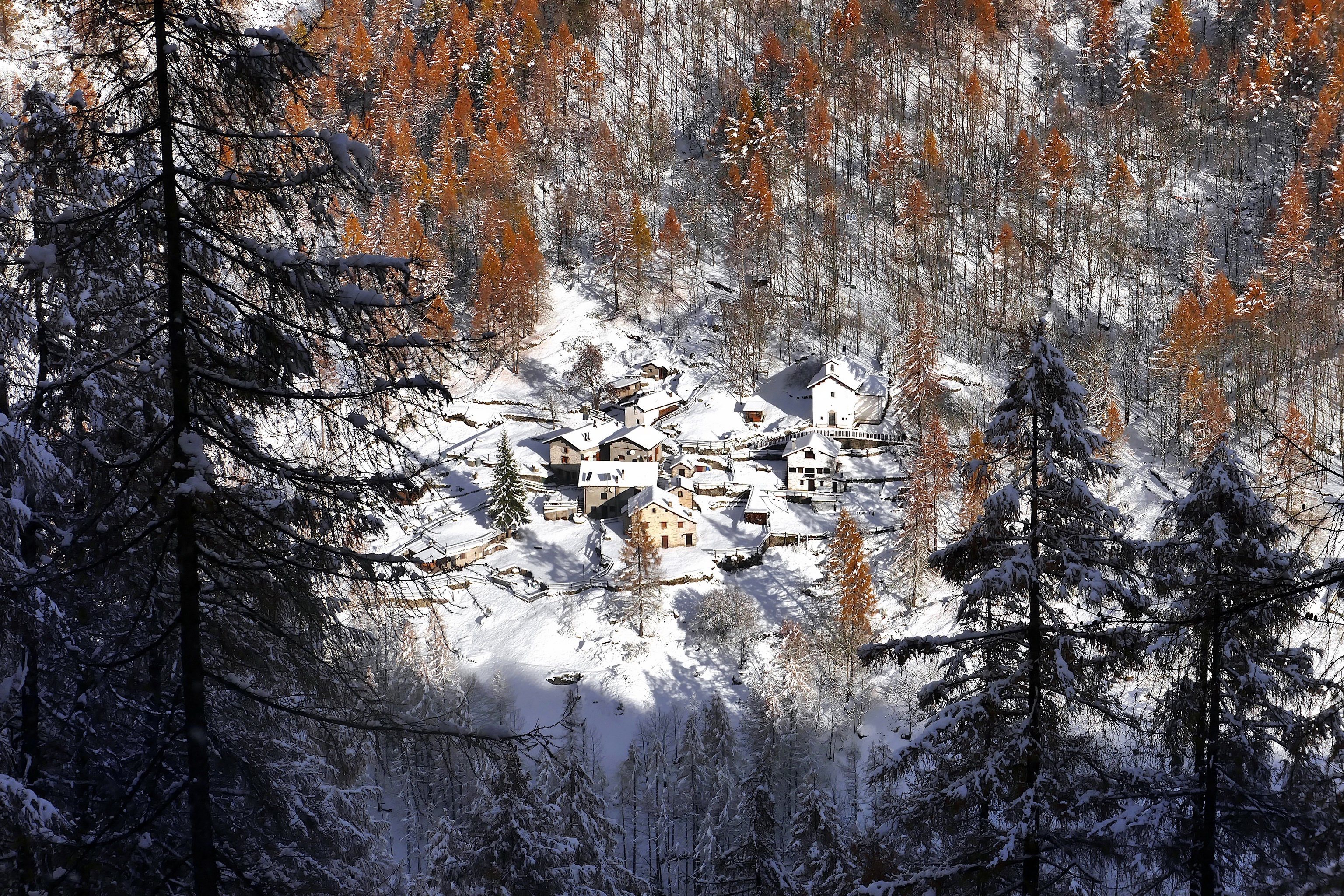 man made, village, forest, italy, lombardy, winter