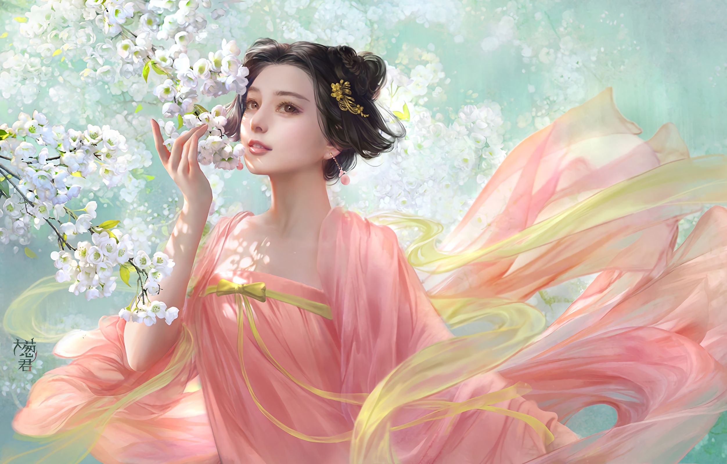 PCデスクトップにファンタジー, ピンク, 花, 女性, 白い花, アジア人画像を無料でダウンロード