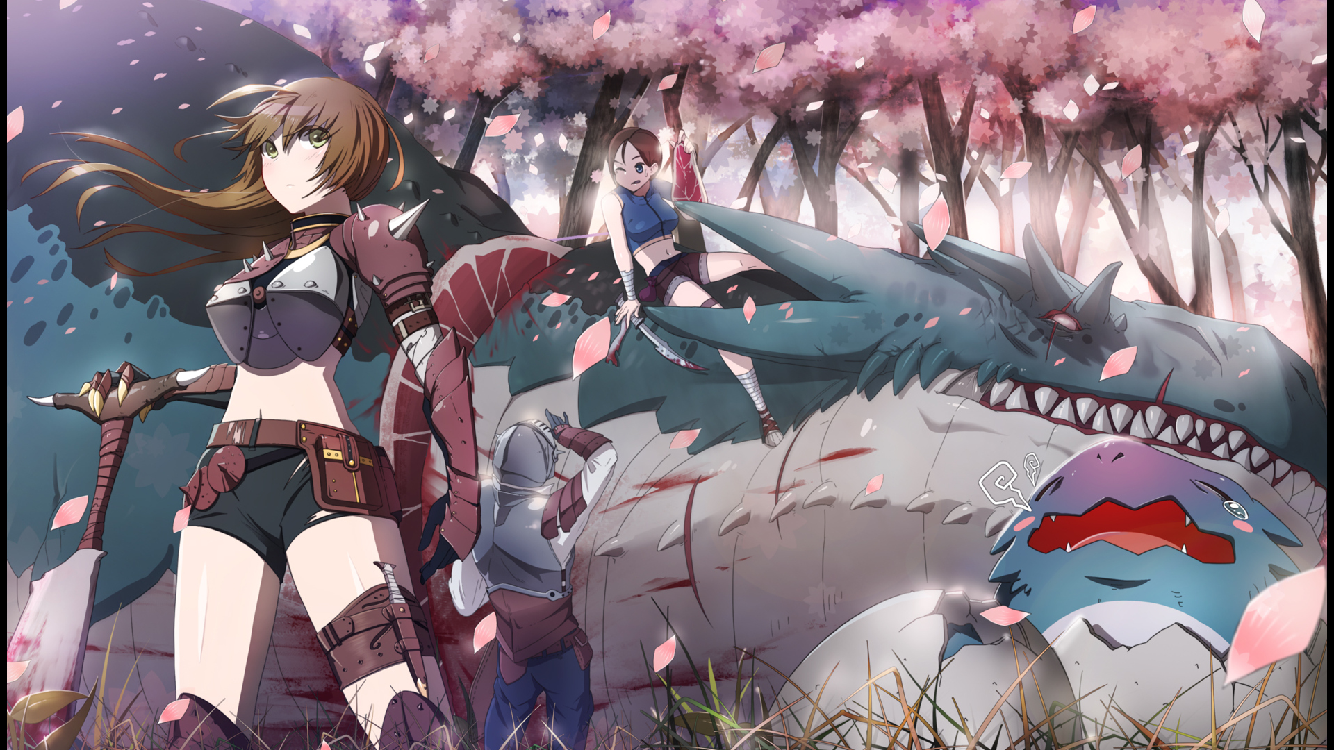 Free download wallpaper Anime, Fantasy, Weapon, Dragon, Warrior, Cherry Blossom, Original, Blush, Long Hair, Brown Hair on your PC desktop