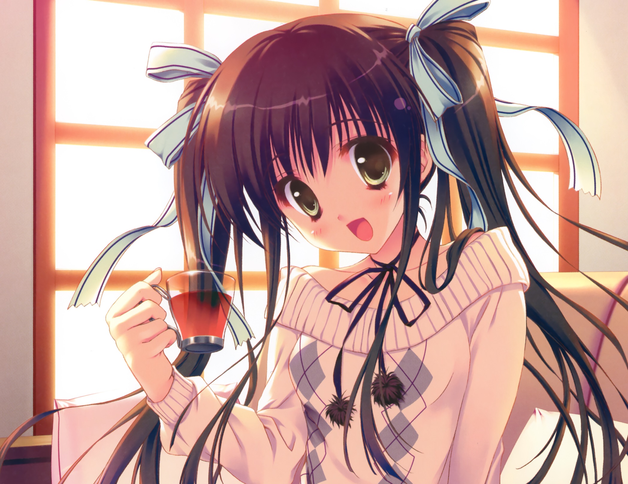 Free download wallpaper Anime, Smile, Sweater, Original, Brown Hair, Twintails on your PC desktop