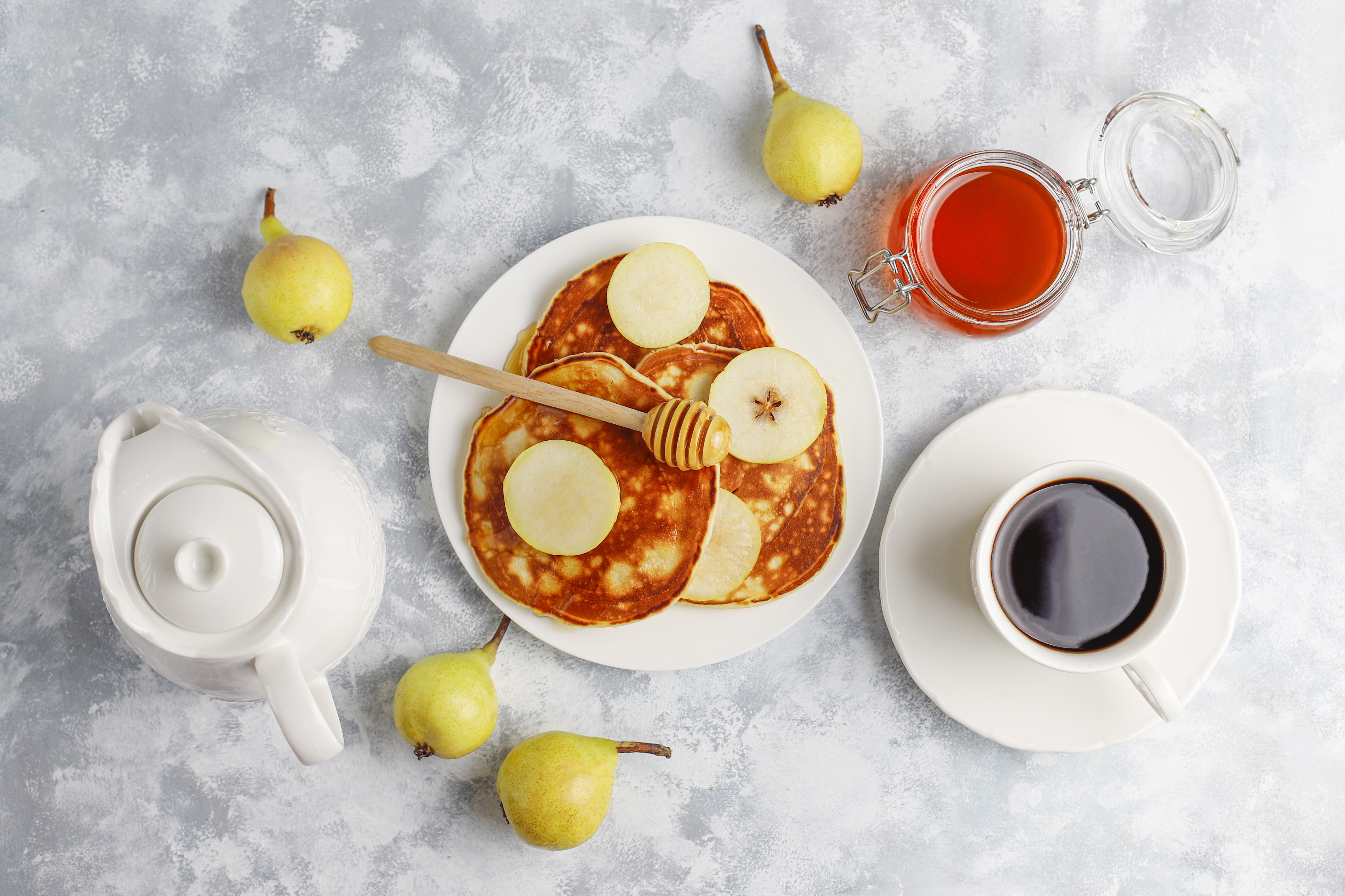 Free download wallpaper Food, Coffee, Still Life, Cup, Drink, Honey, Breakfast, Pear, Pancake on your PC desktop