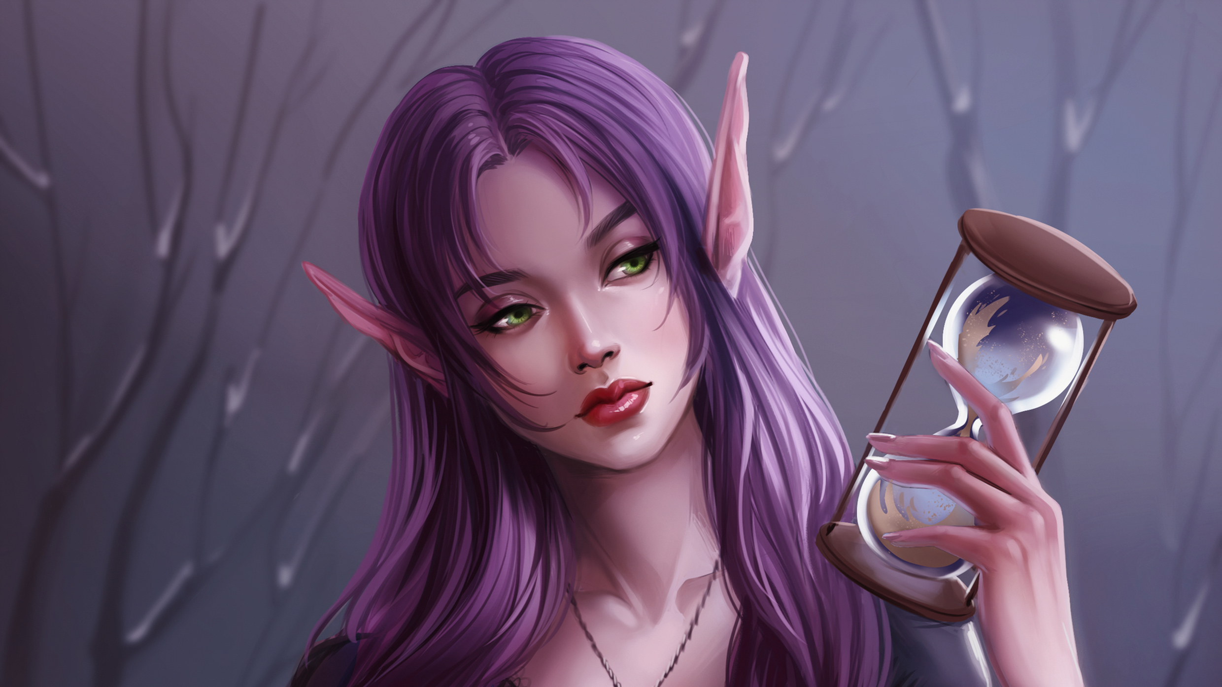 fantasy, elf, green eyes, hourglass, pointed ears, purple hair