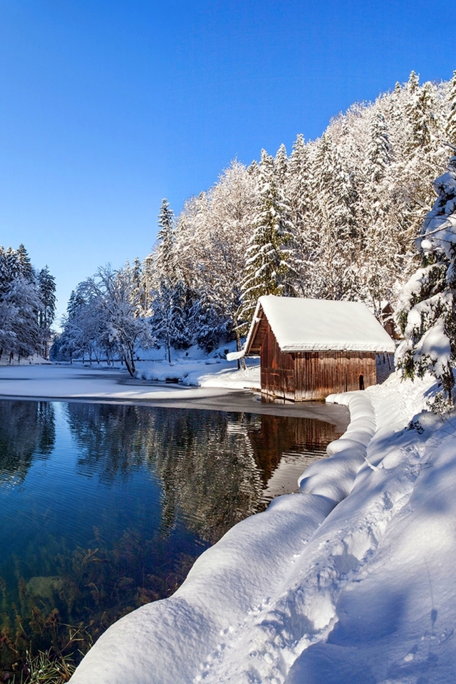 Handy-Wallpaper Winter, Schnee, See, Hütte, Menschengemacht kostenlos herunterladen.